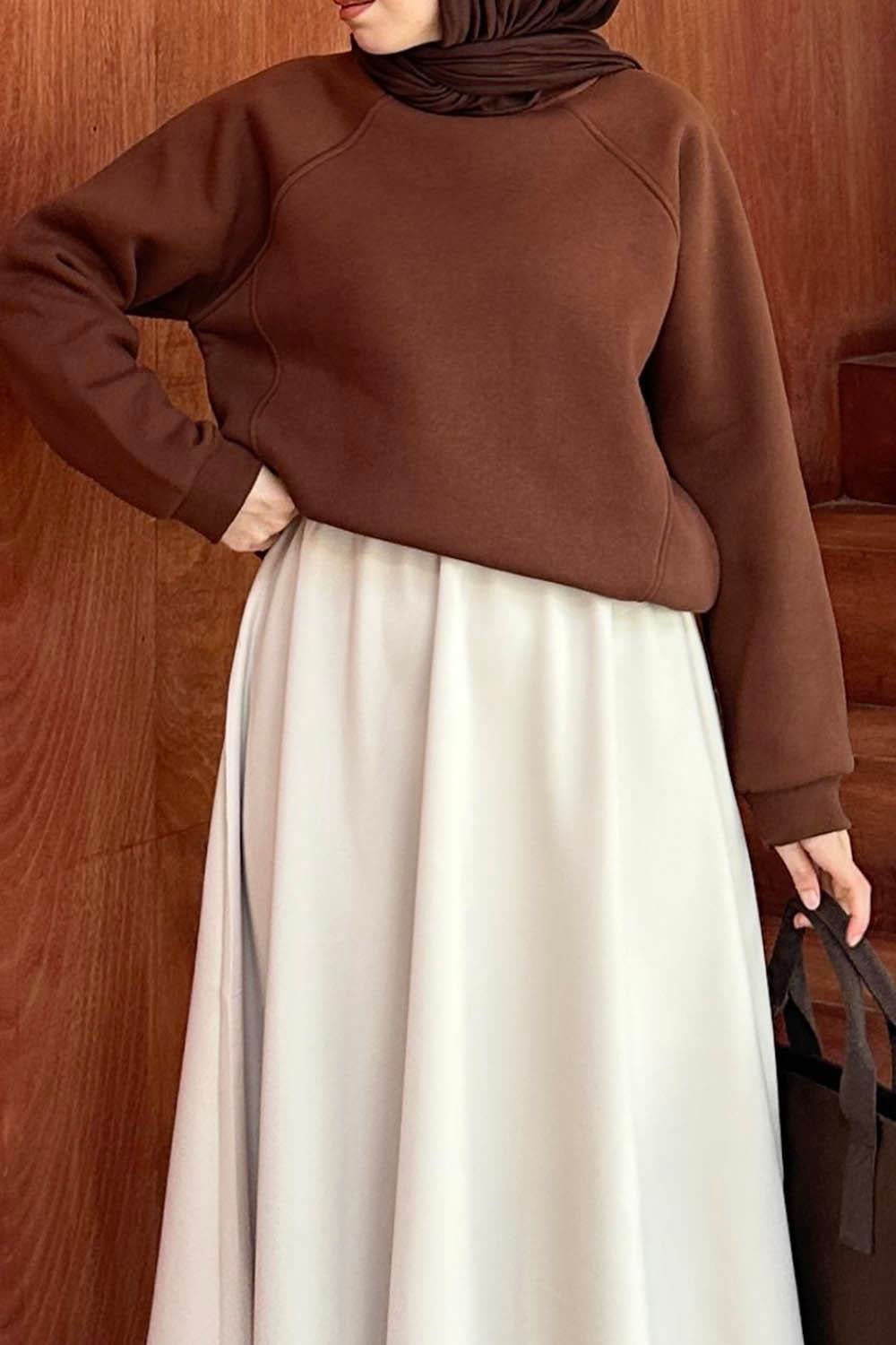 Düşük Omuz Üç İplik Sweatshirt Acı Kahverengi