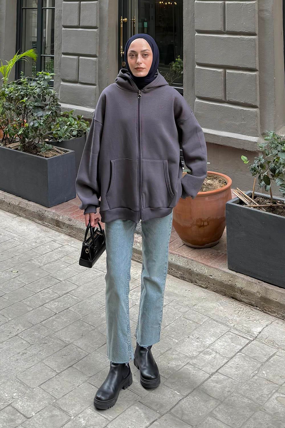Kapüşonlu Oversize Yan Cepli Sweat Antrasit