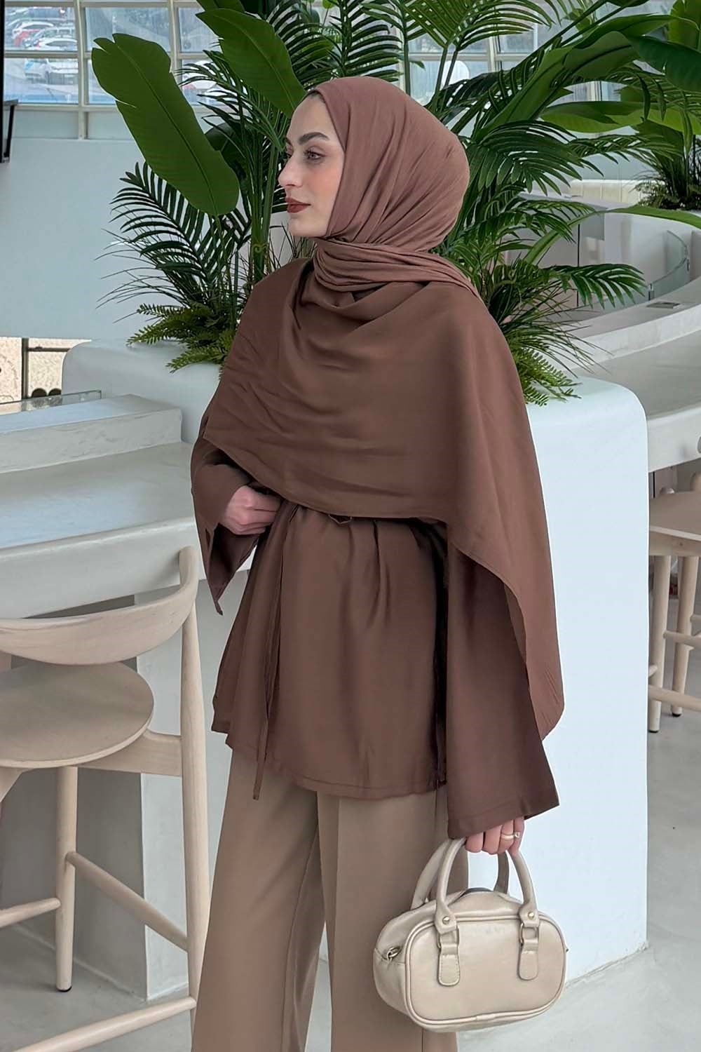 Şallı Bağlama Detaylı Tunik Soft Kahve