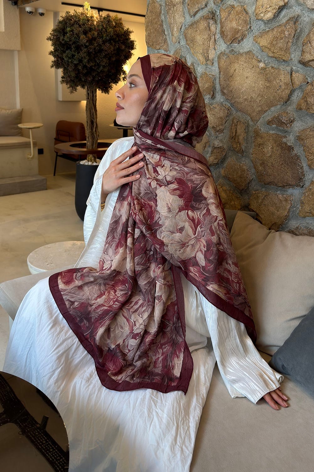 Vintage Flower Desen Bambu Şal Bordo