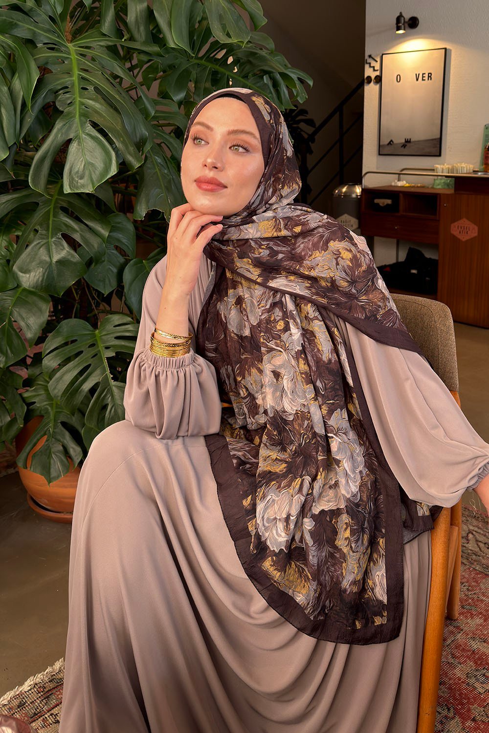 Vintage Flower Desen Bambu Şal Koyu Kahve