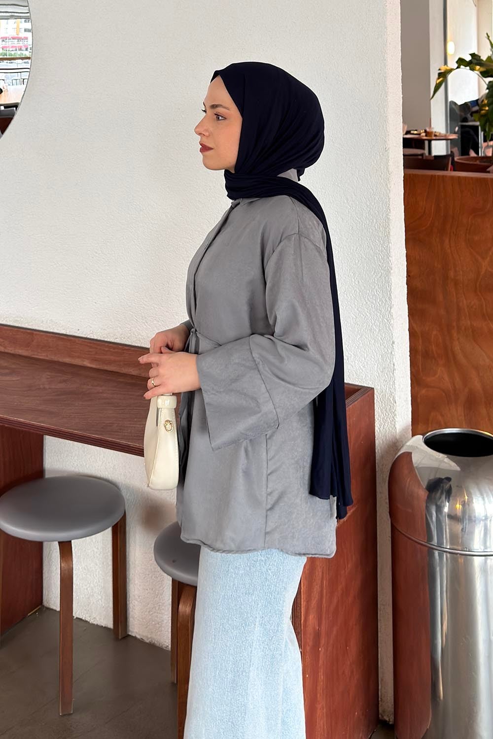 Bağlama Detaylı Süet Gömlek Gri