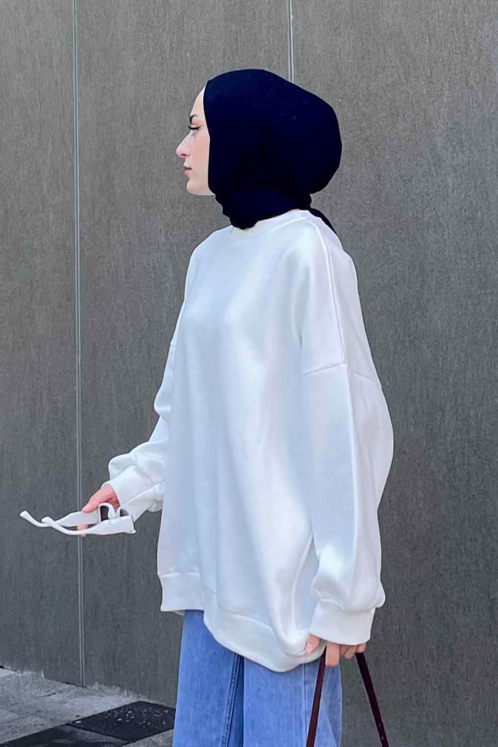 Jasmin Bisiklet Yaka Oversize Sweat Beyaz