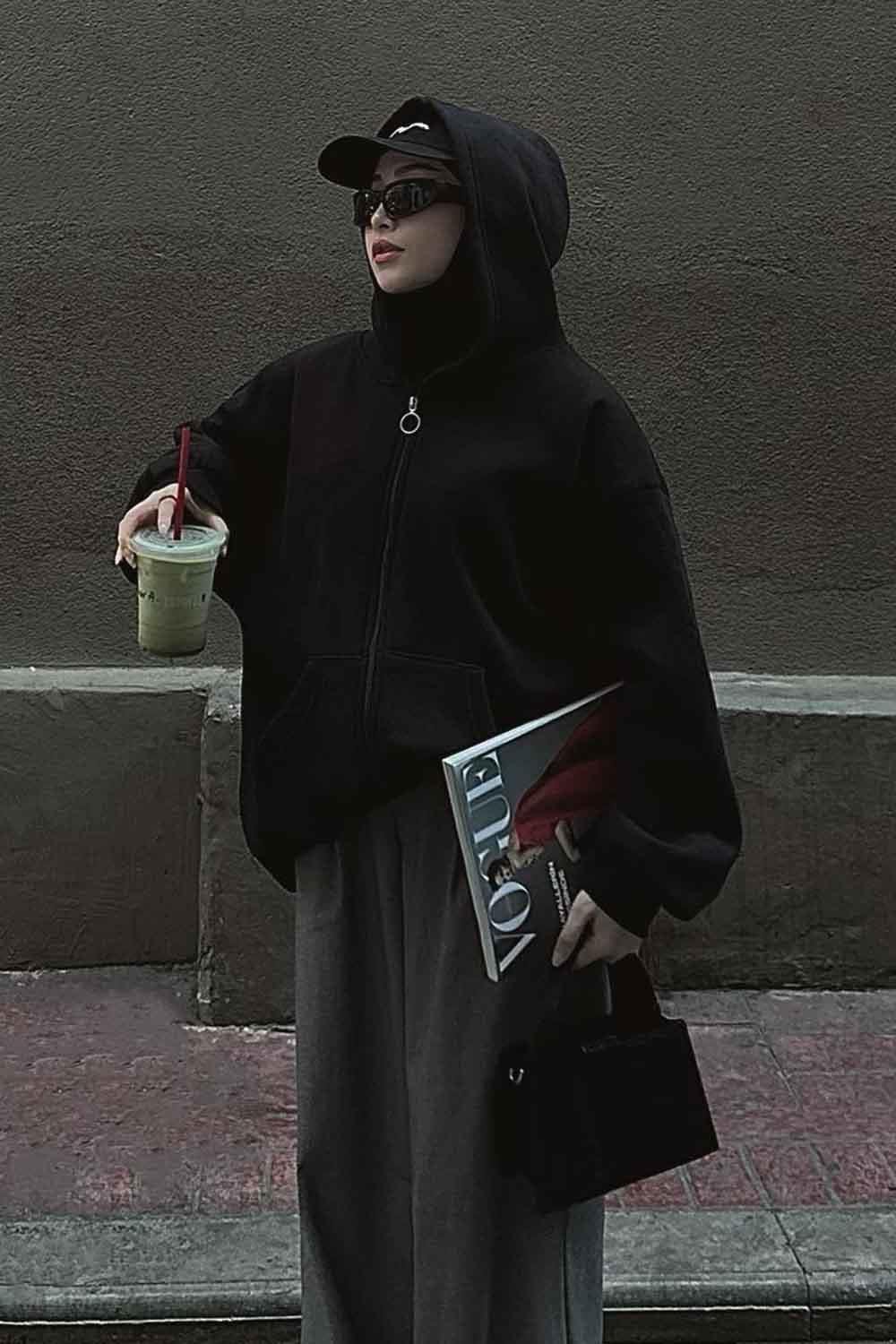 Kapüşonlu Oversize Yan Cepli Sweat Siyah