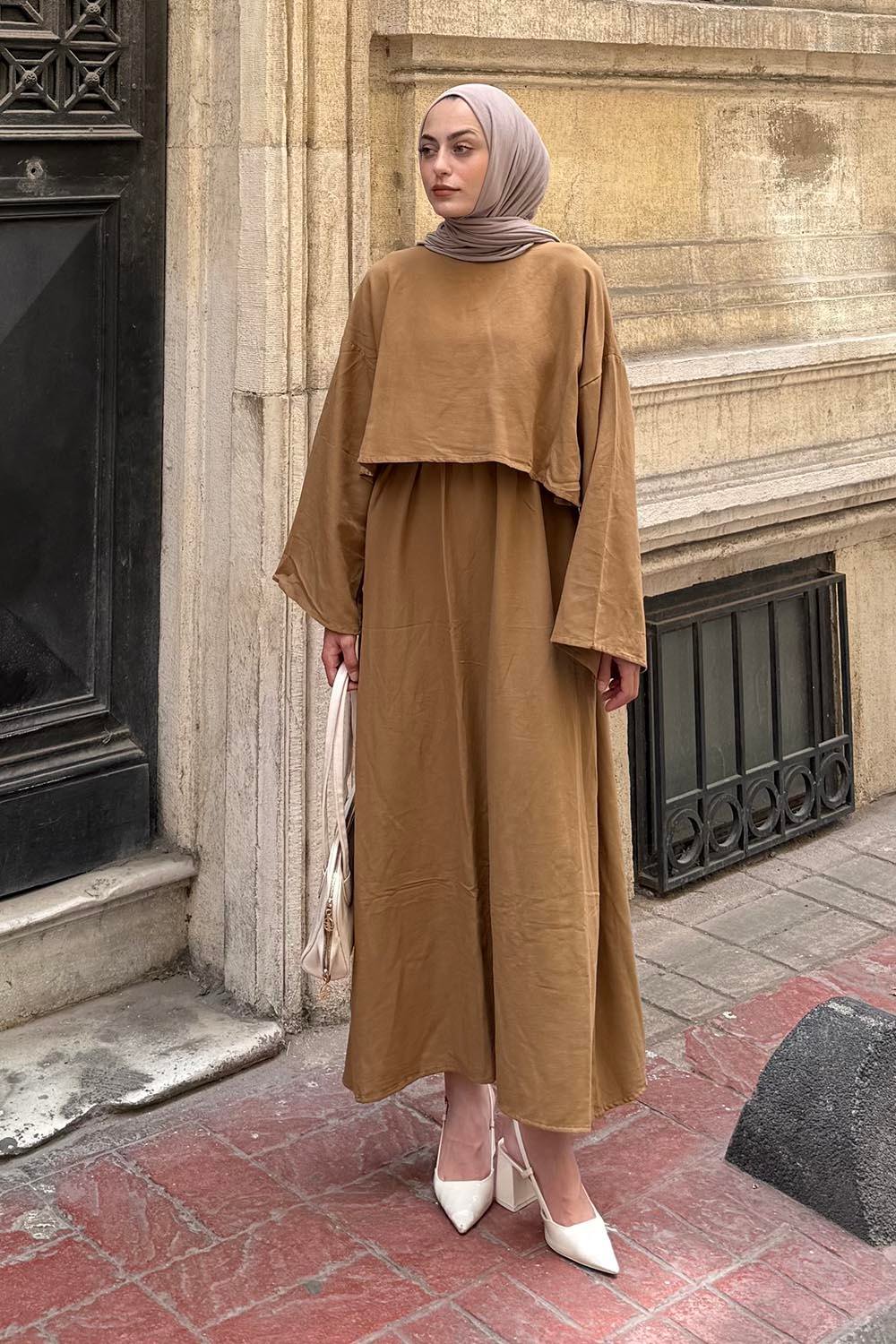 Etekli Tesettür Takım Camel