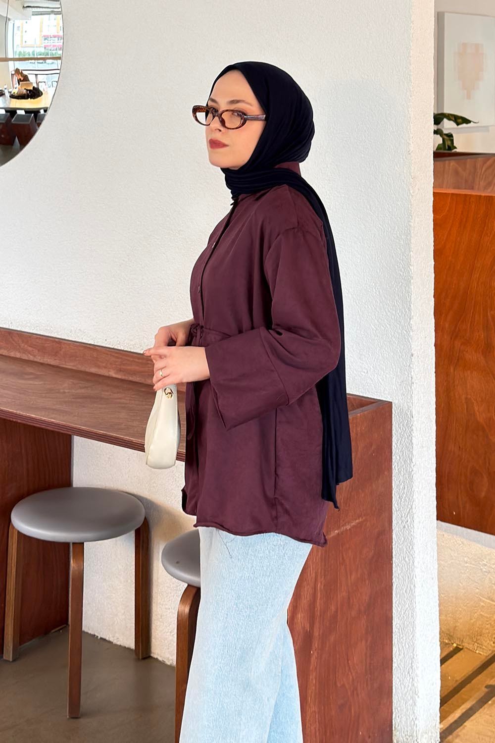 Bağlama Detaylı Süet Gömlek Mürdüm