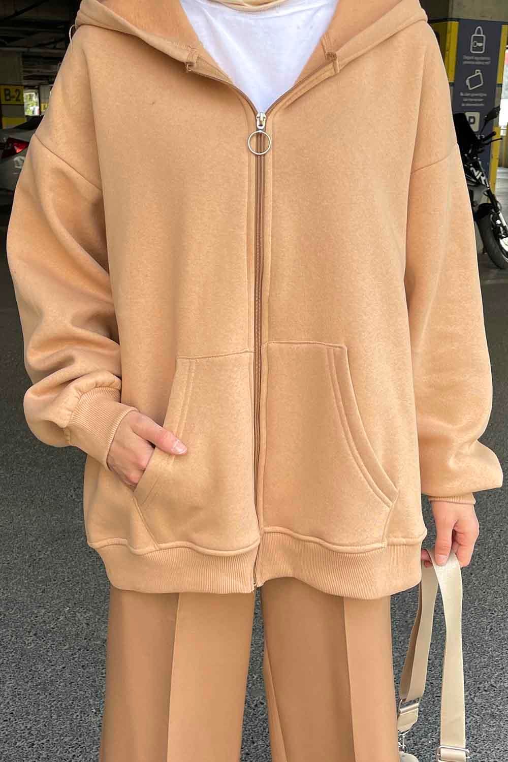 Kapüşonlu Oversize Yan Cepli Sweat Sütlü Kahve