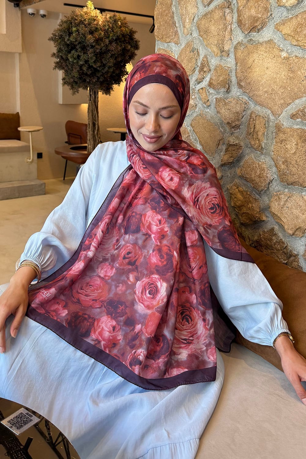 Botanik Çiçek Desen Lara Soft Şal Koyu Bordo