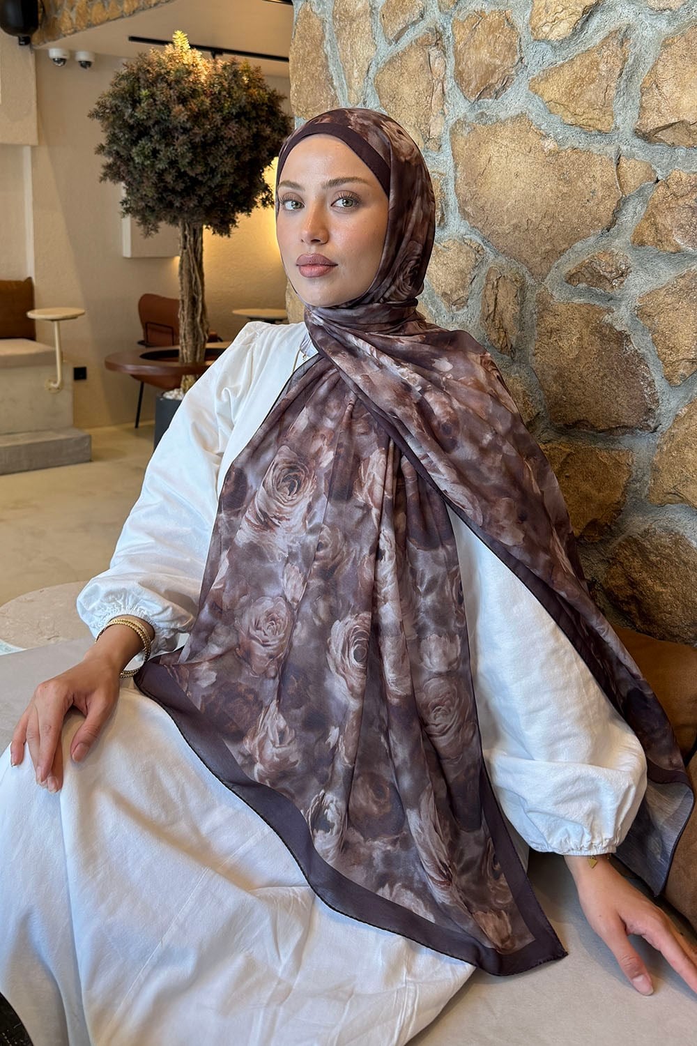 Botanik Çiçek Desen Lara Soft Şal Acı Kahverengi