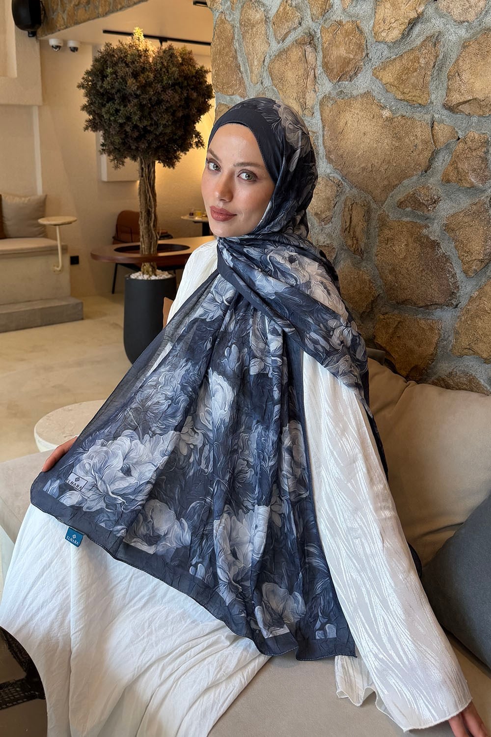 Vintage Flower Desen Bambu Şal Antrasit