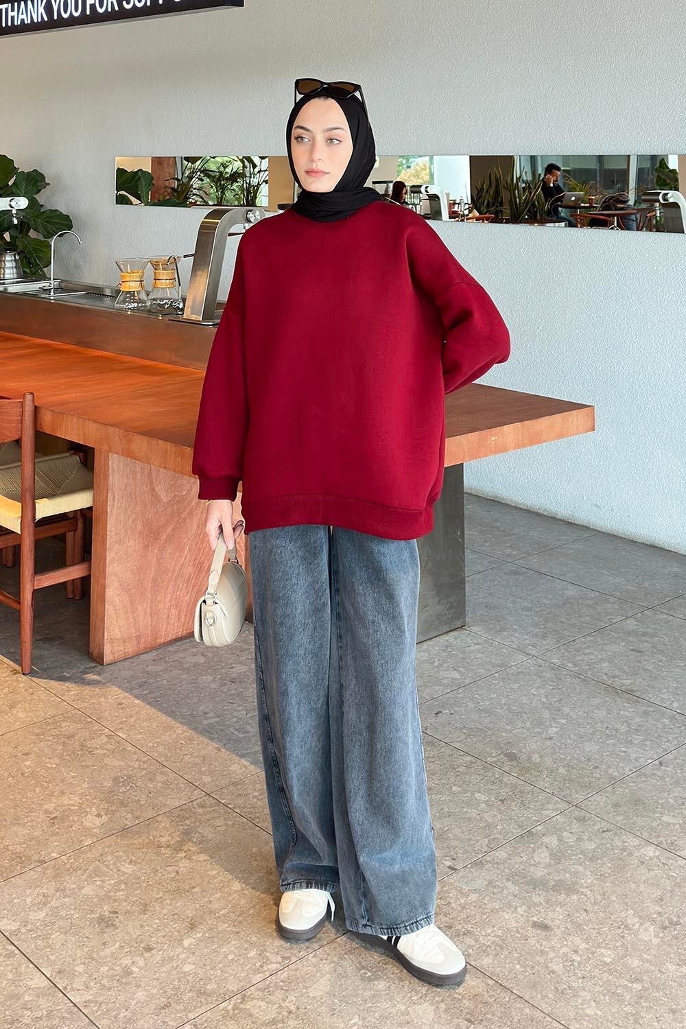 Jasmin Bisiklet Yaka Oversize Sweat Bordo