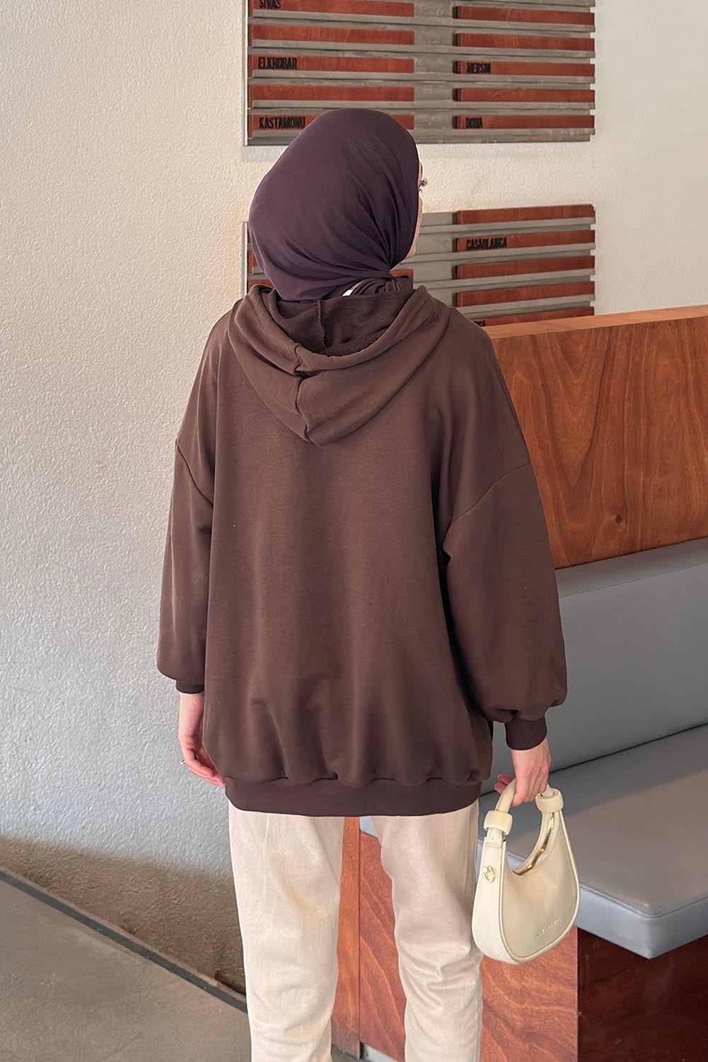 Kapüşonlu Fermuarlı Sweatshirt Hırka Kahverengi