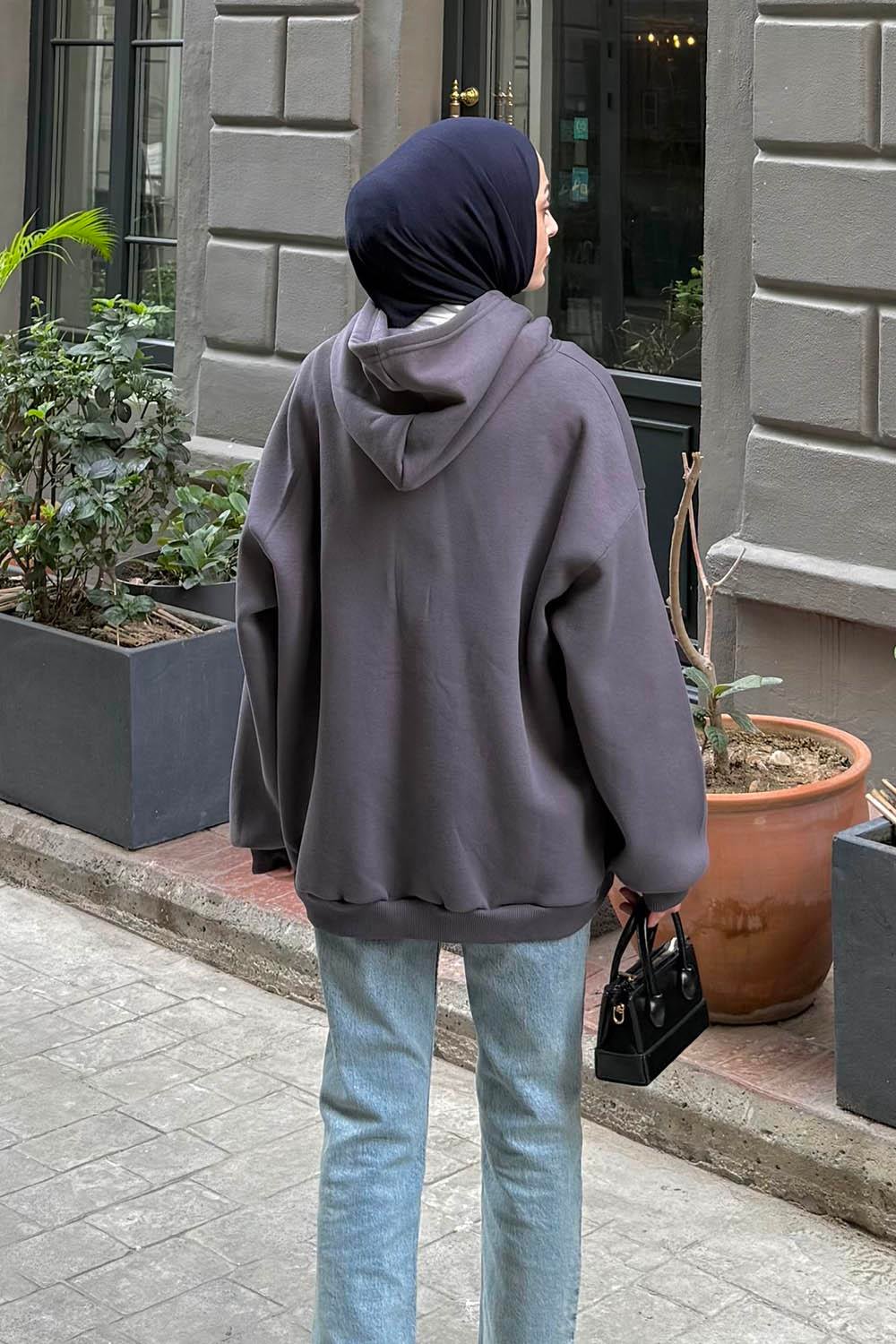 Kapüşonlu Oversize Yan Cepli Sweat Antrasit