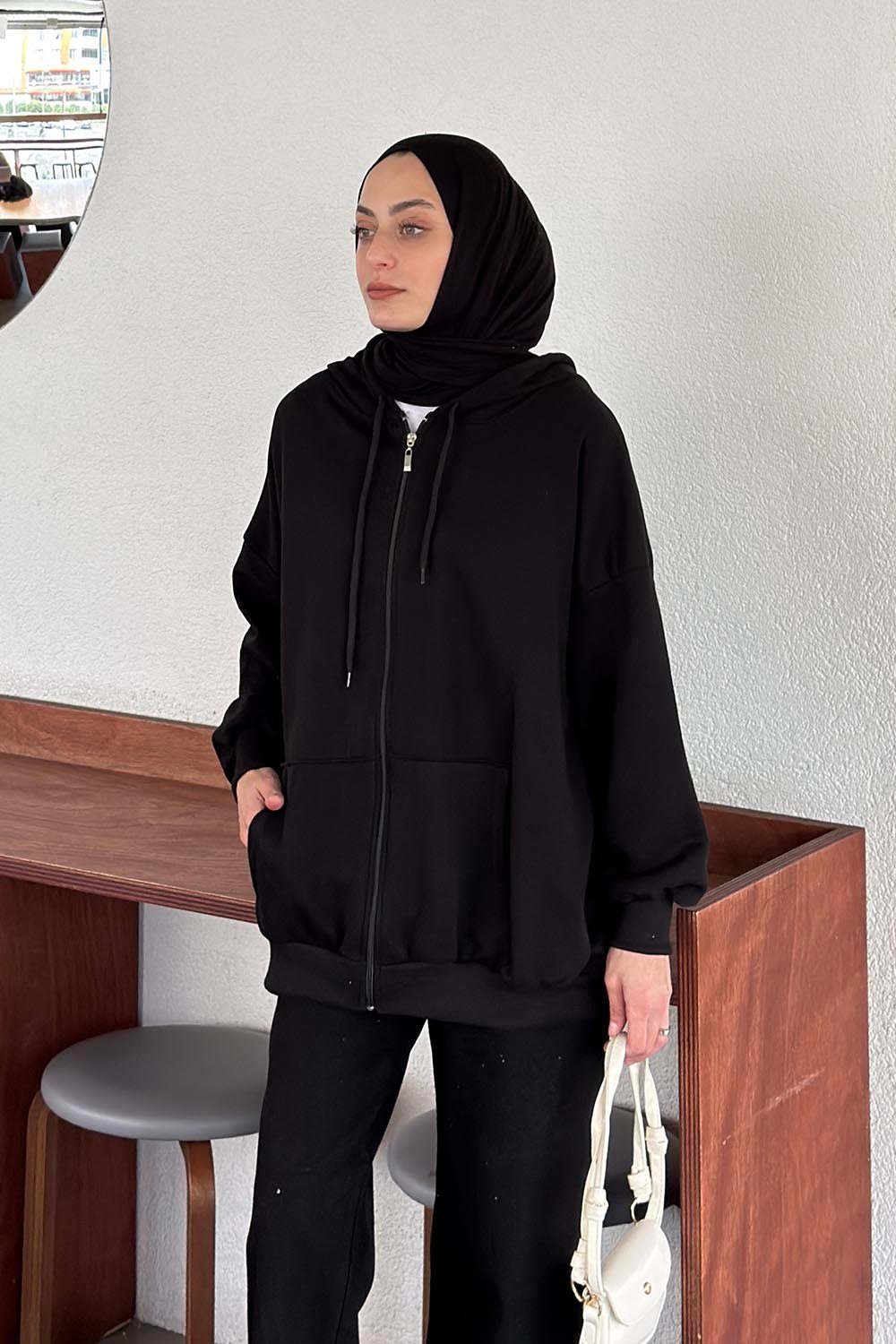 Kapüşonlu Fermuarlı Sweatshirt Hırka Siyah