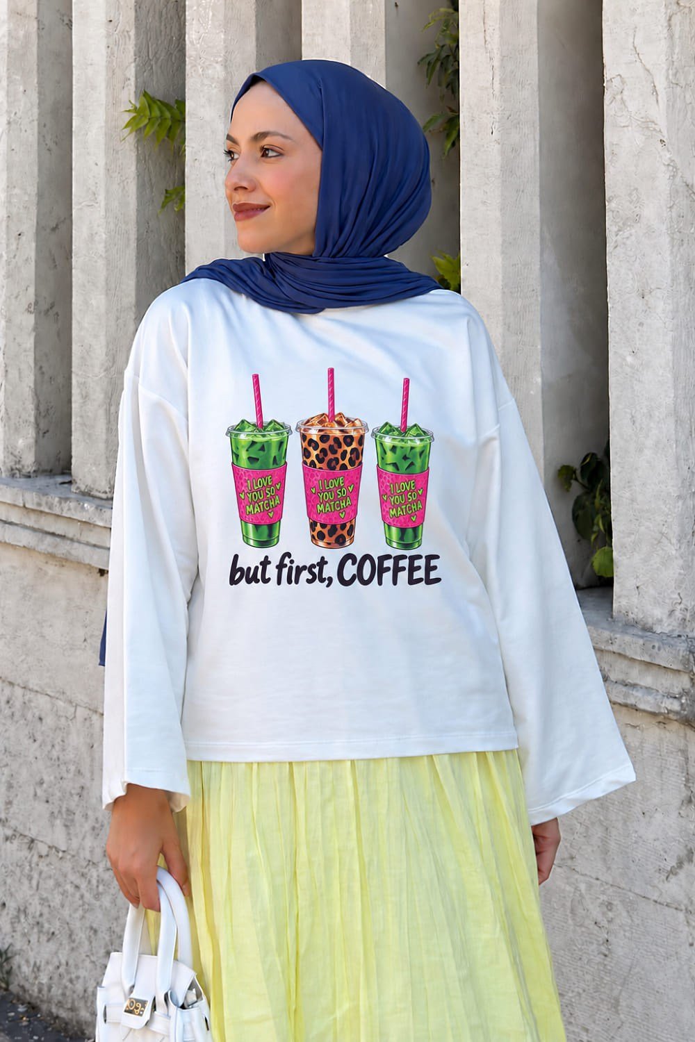 Basic Oversize Matcha  Baskılı Bluz Beyaz
