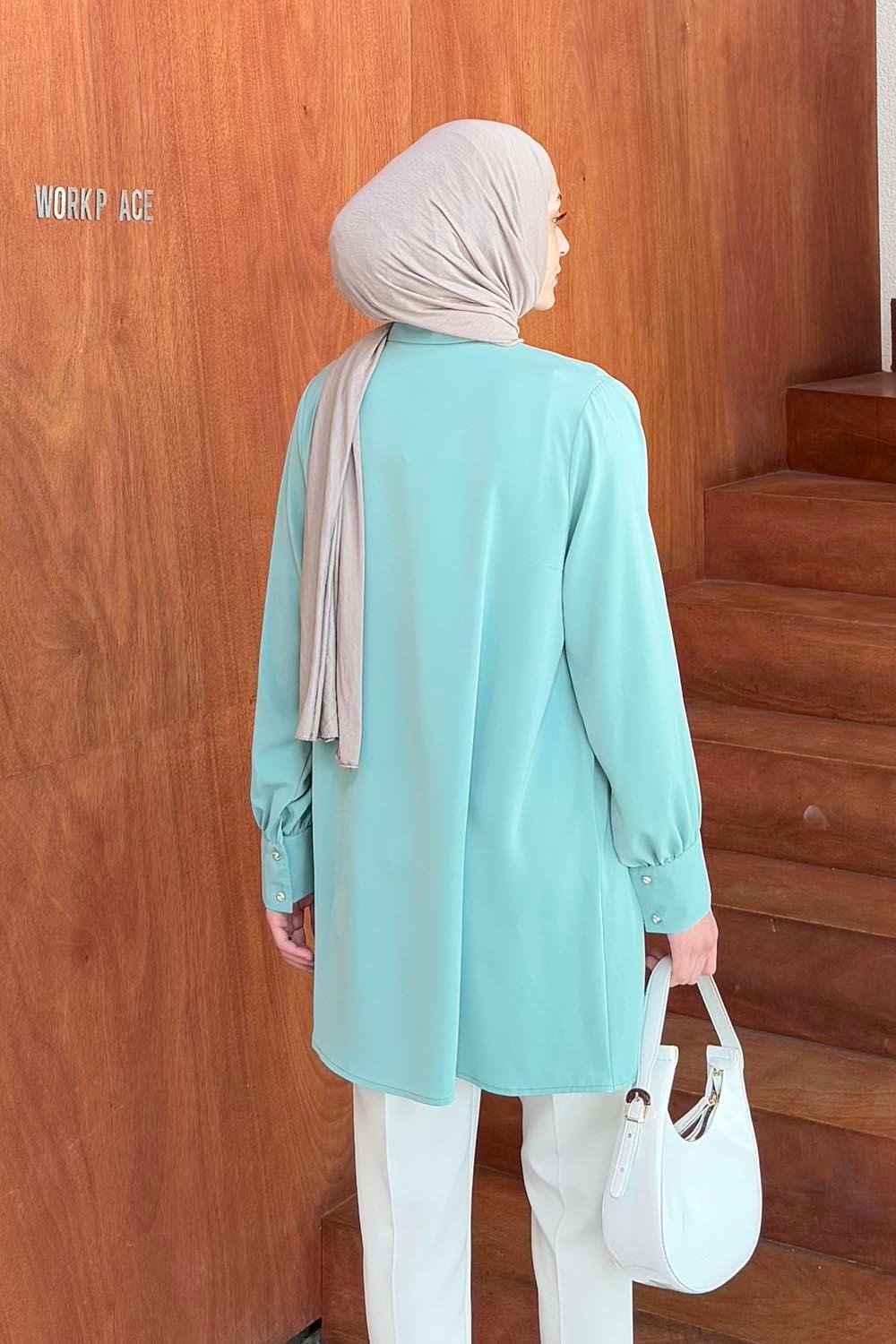 Gizli Düğme Detaylı Tesettür Tunik Mint Yeşili