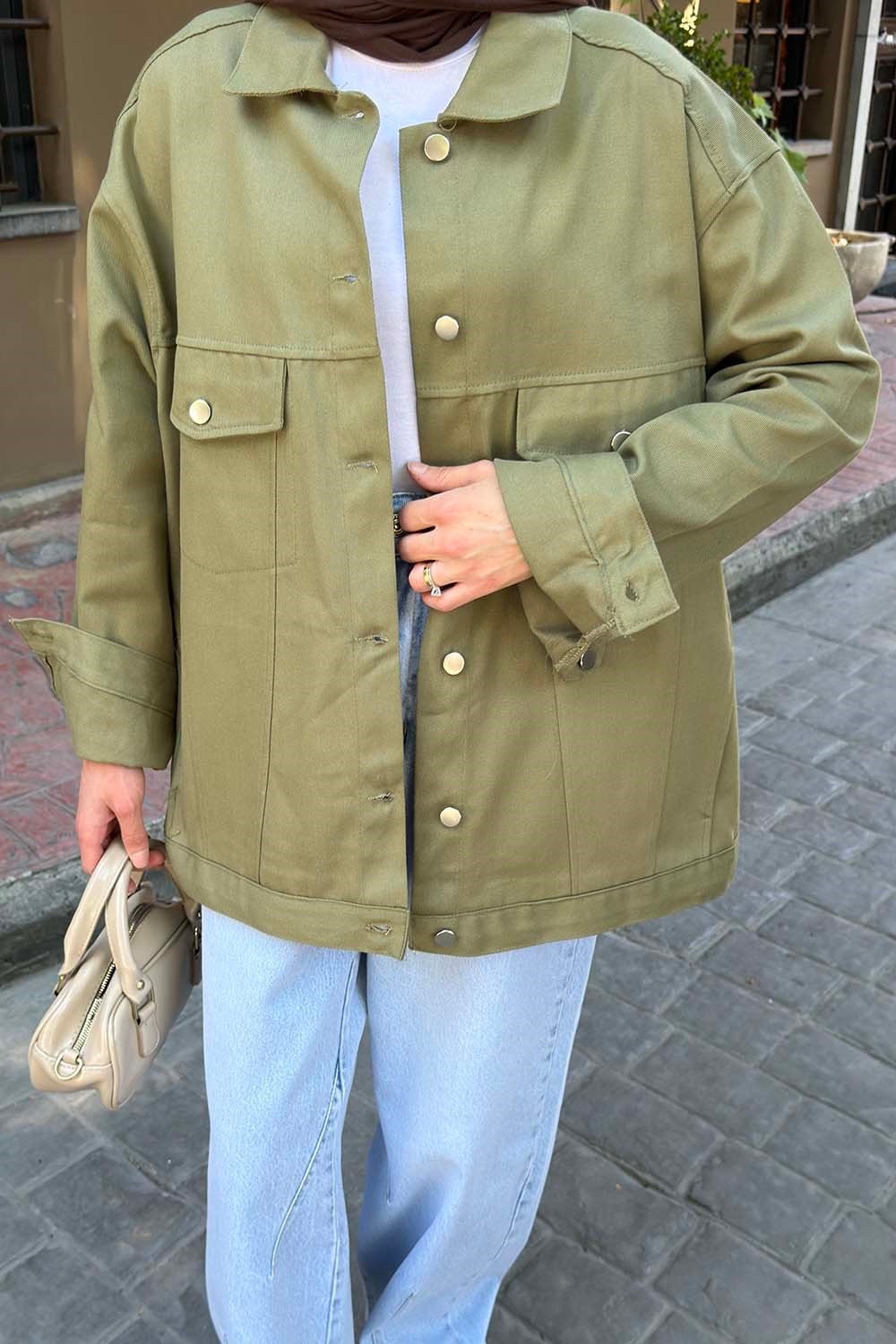 Gabardin Kapak Cepli Ceket Haki