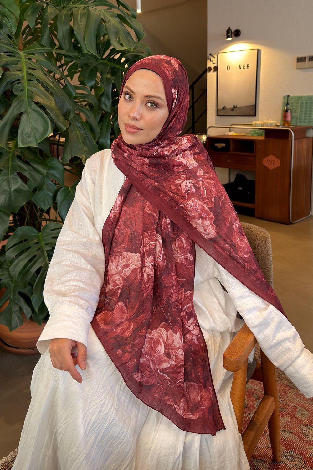 Vintage Flower Desen Bambu Şal Koyu Bordo