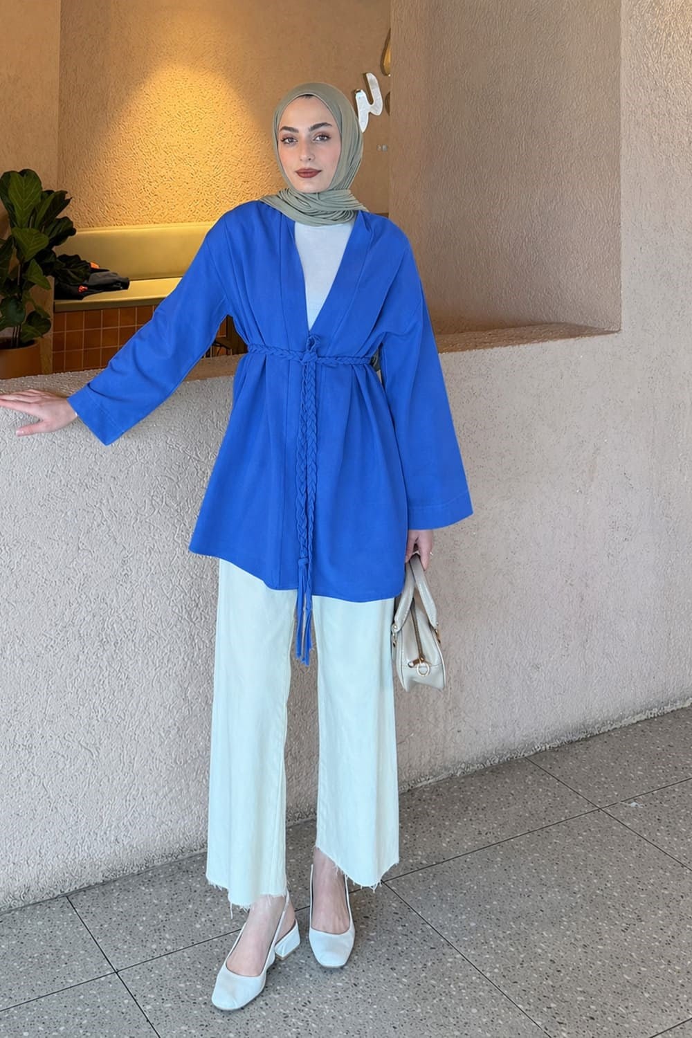 Örgü Bağlamalı Kimono Ceket Saks Mavisi