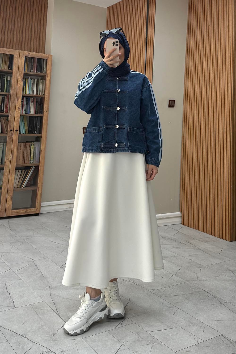 Şerit Detaylı Birit Düğmeli Denim Ceket Koyu Mavi
