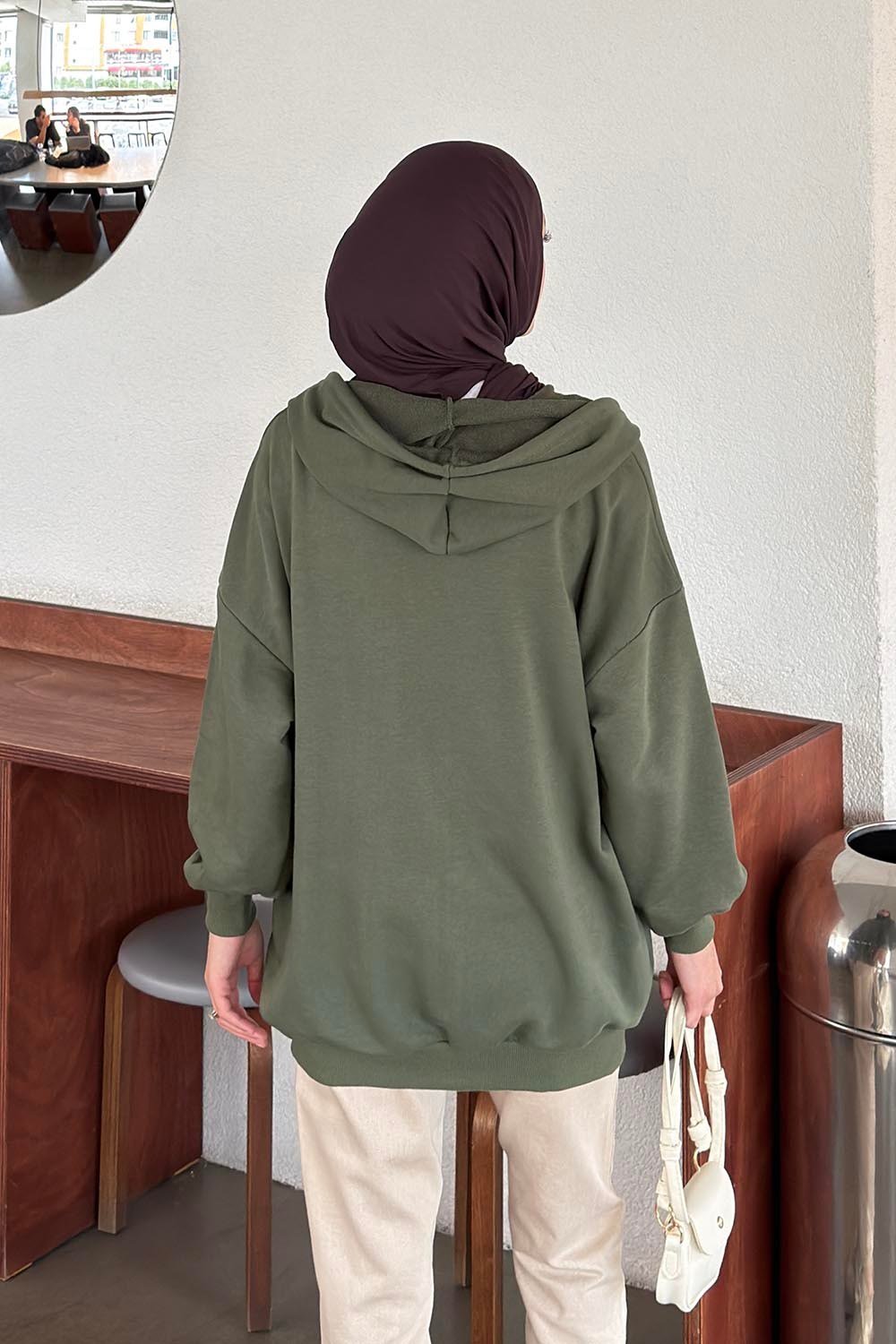 Kapüşonlu Fermuarlı Sweatshirt Hırka Haki