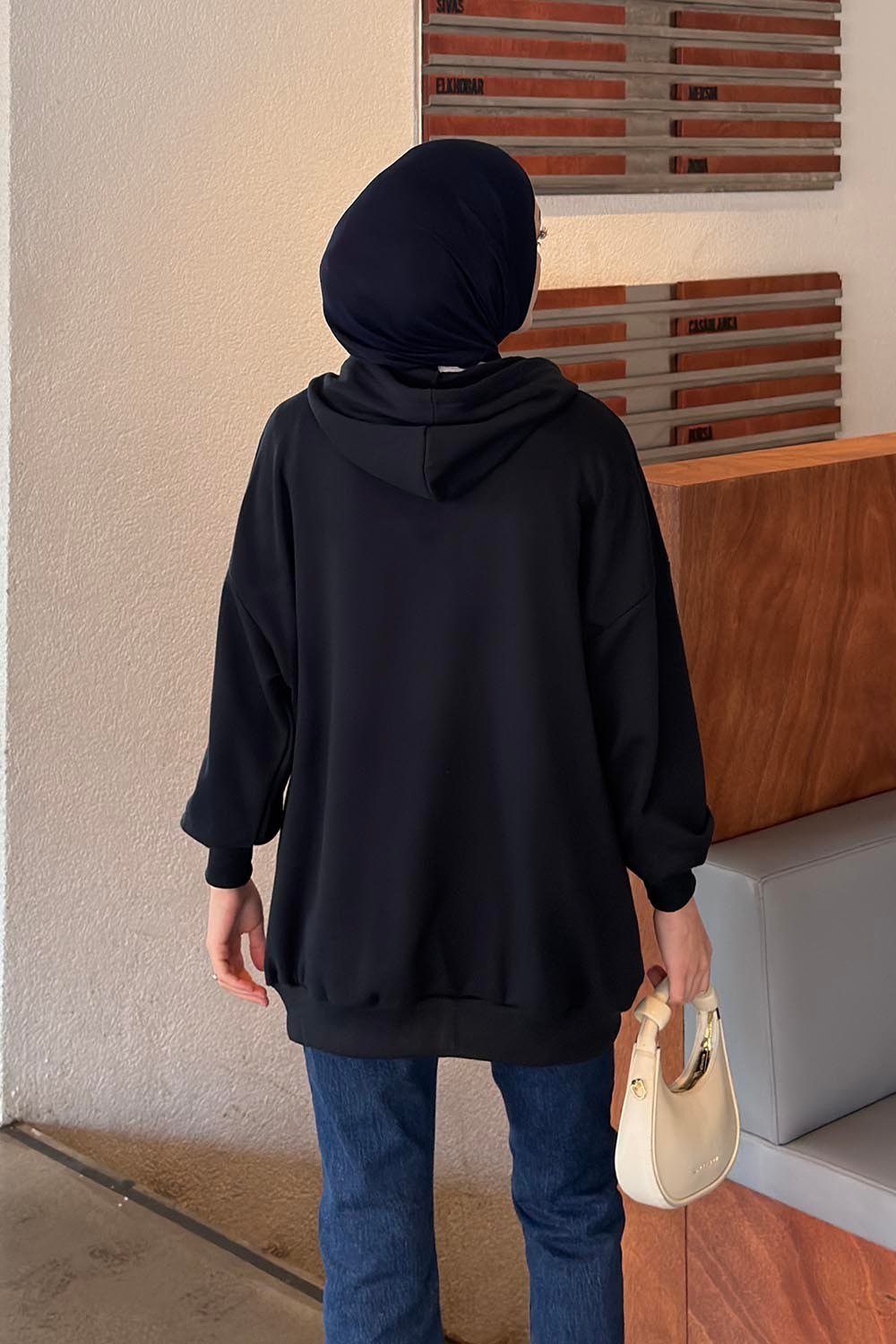 Kapüşonlu Fermuarlı Sweatshirt Hırka Lacivert