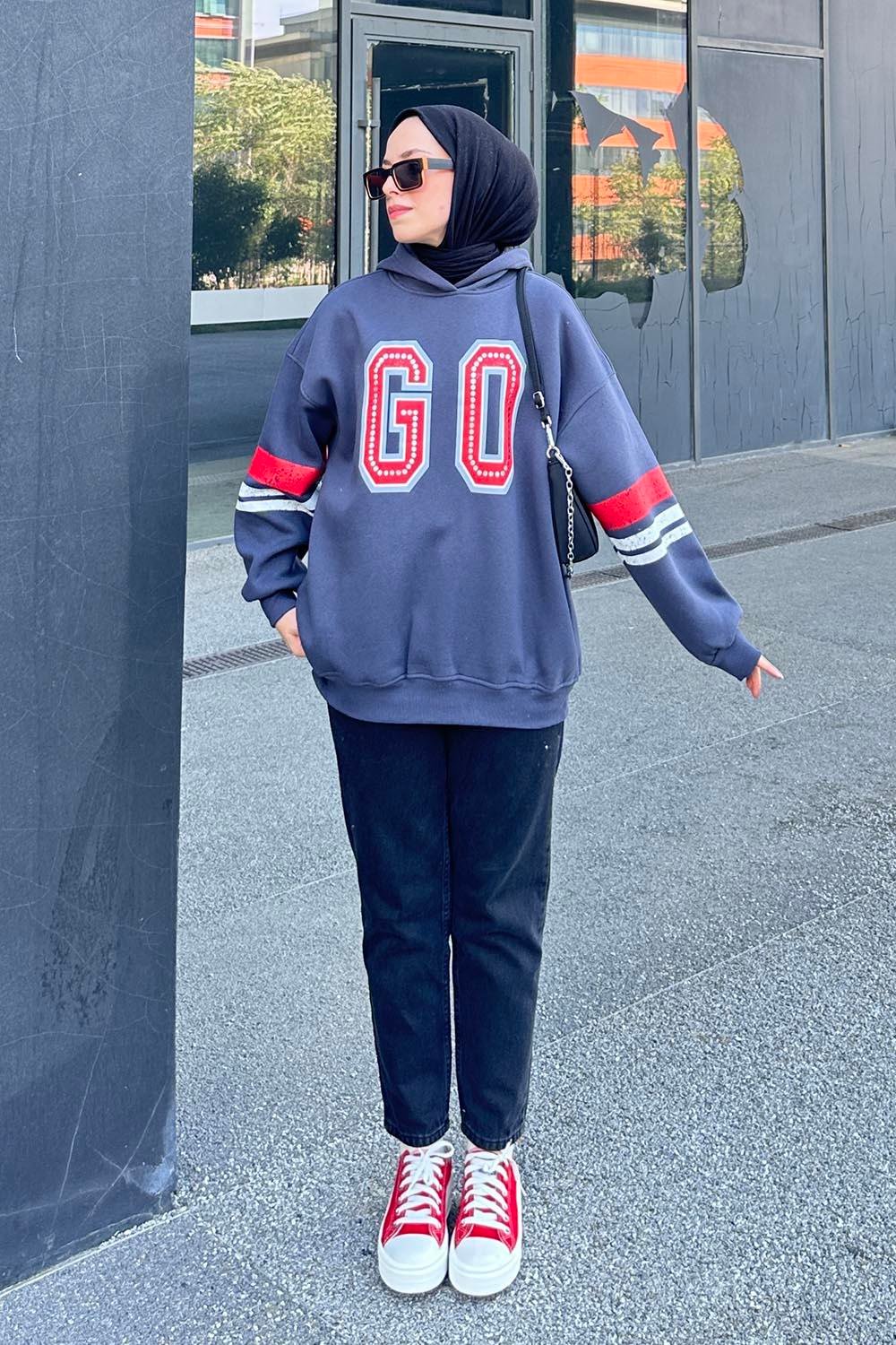 Go Baskılı Üç İplik Sweat Füme