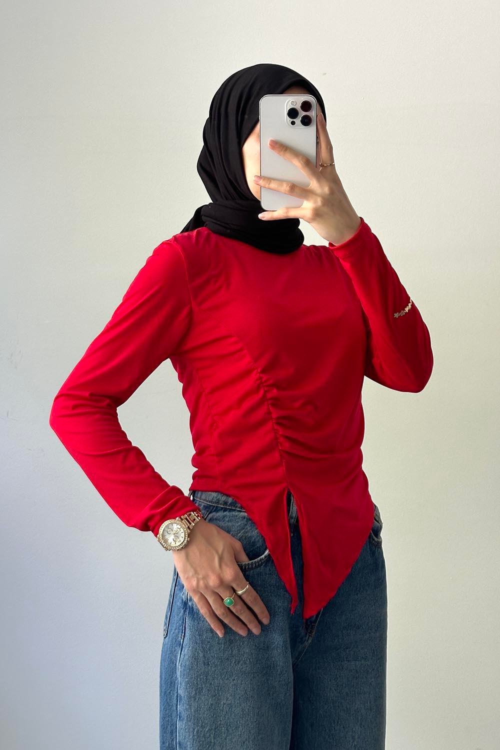 Bisiklet Yaka Yırtmaç Detaylı Sandy Body Nar Çiçeği