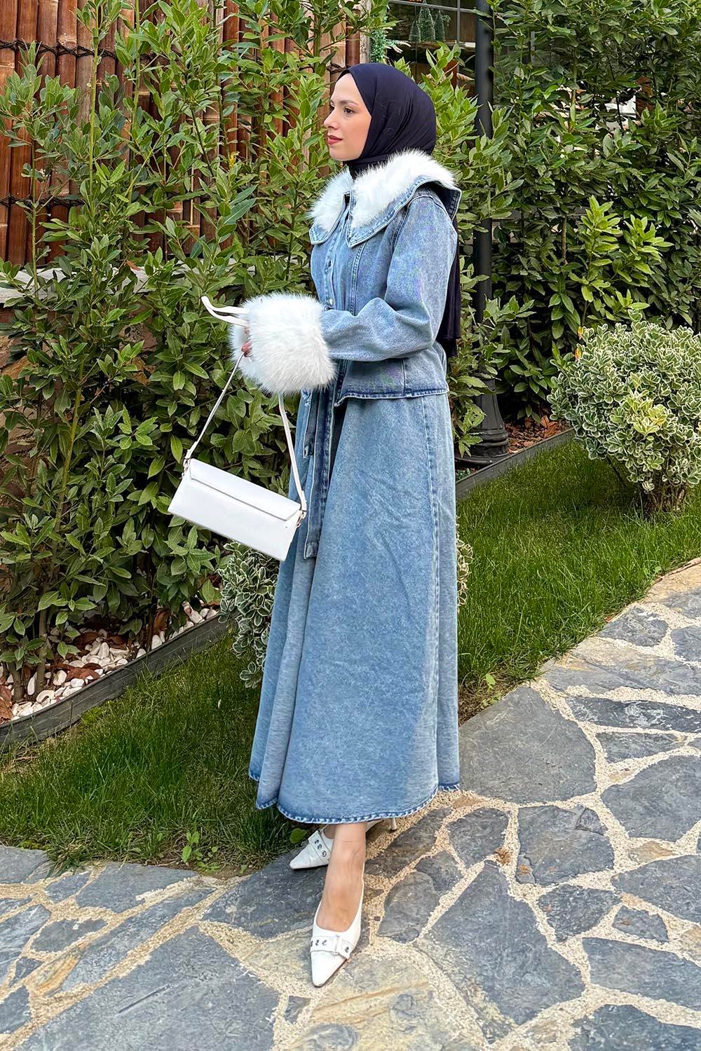 Kürk Detaylı Denim Takım Kot Mavi