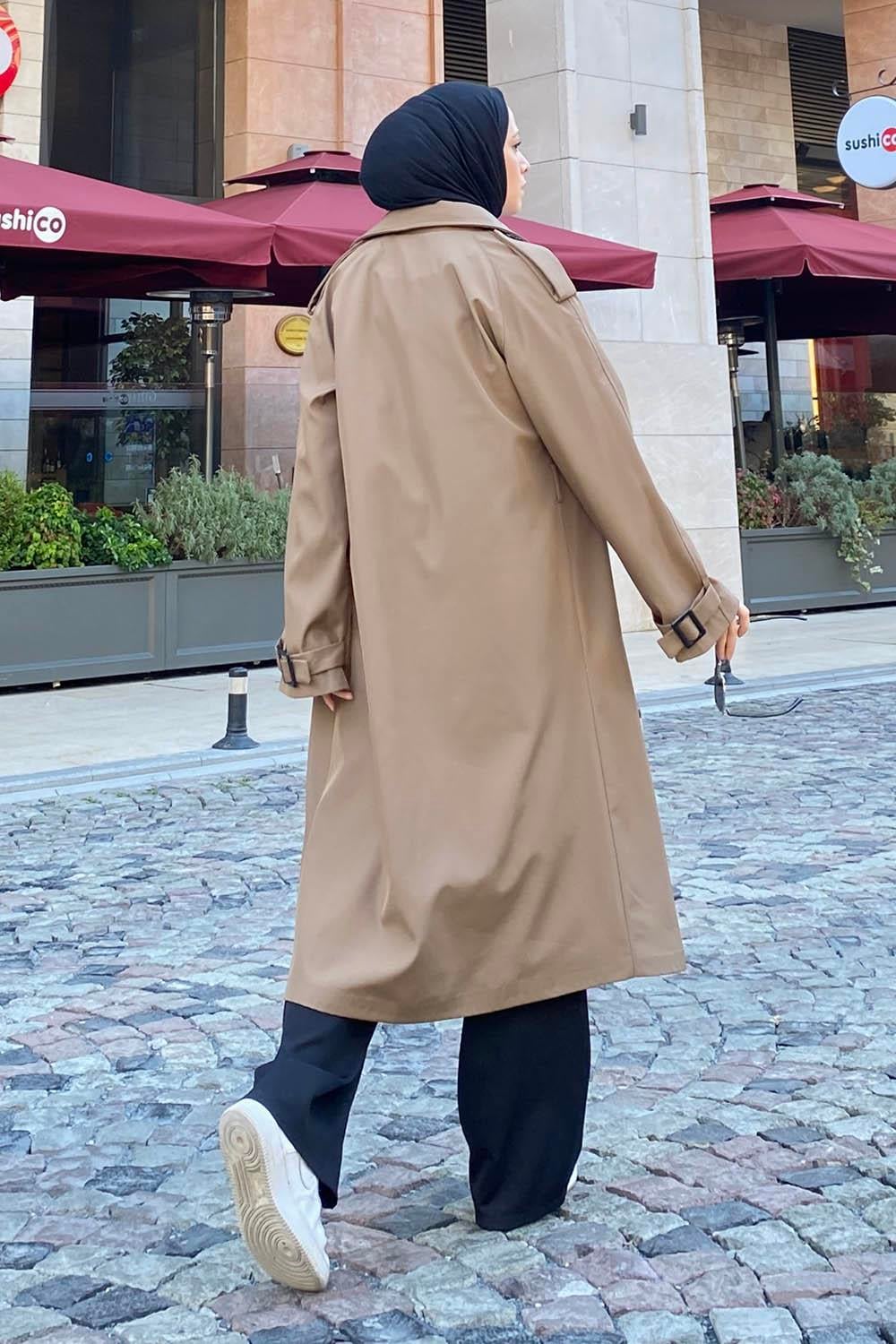 Reglan Kol Düğmeli Trenç Kahverengi