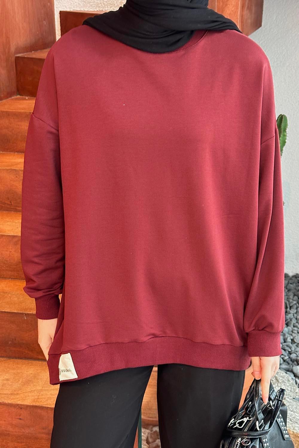 Etiket Detaylı Oversize Sweatshirt Bordo