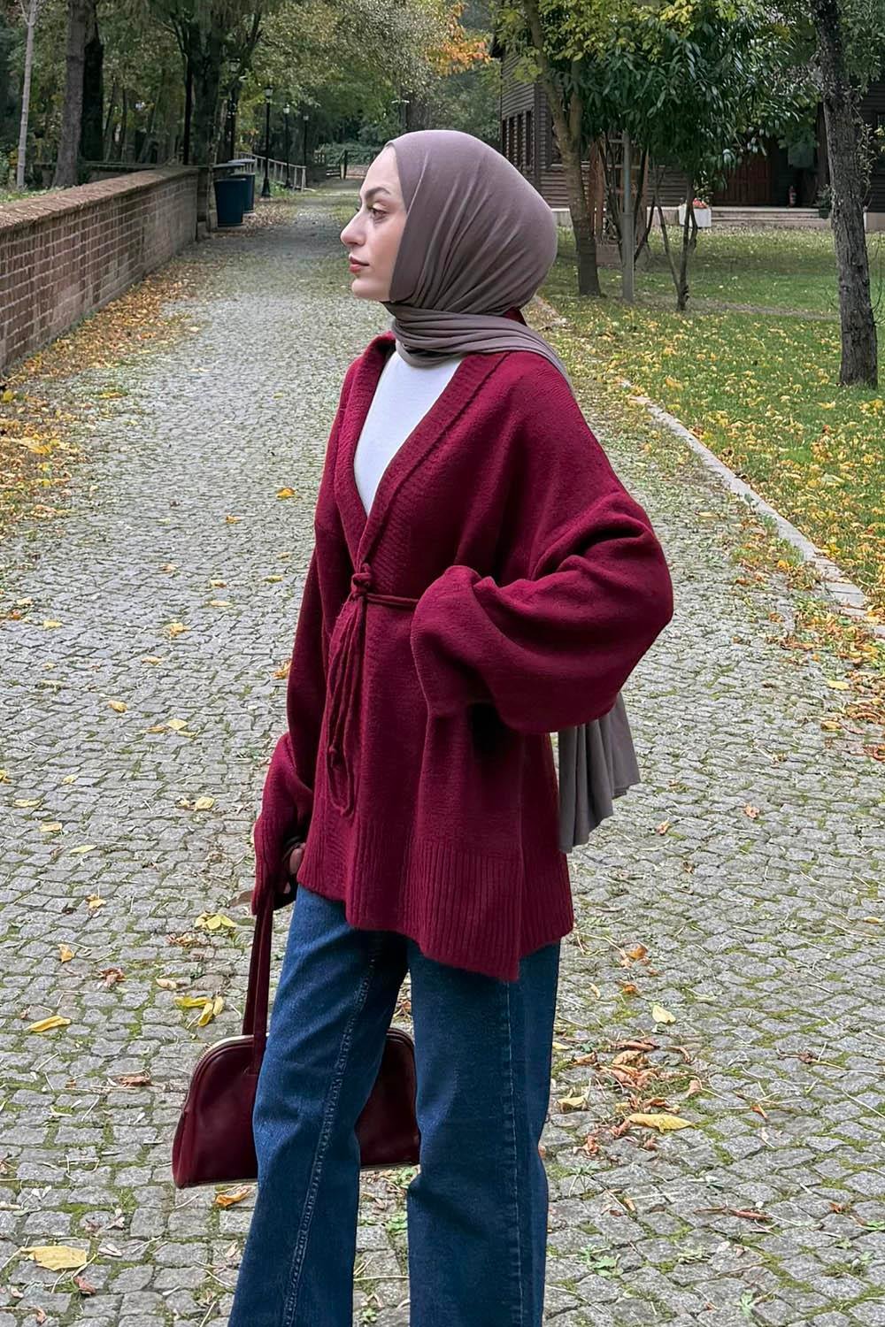 Bağlama Detaylı Triko Hırka Bordo