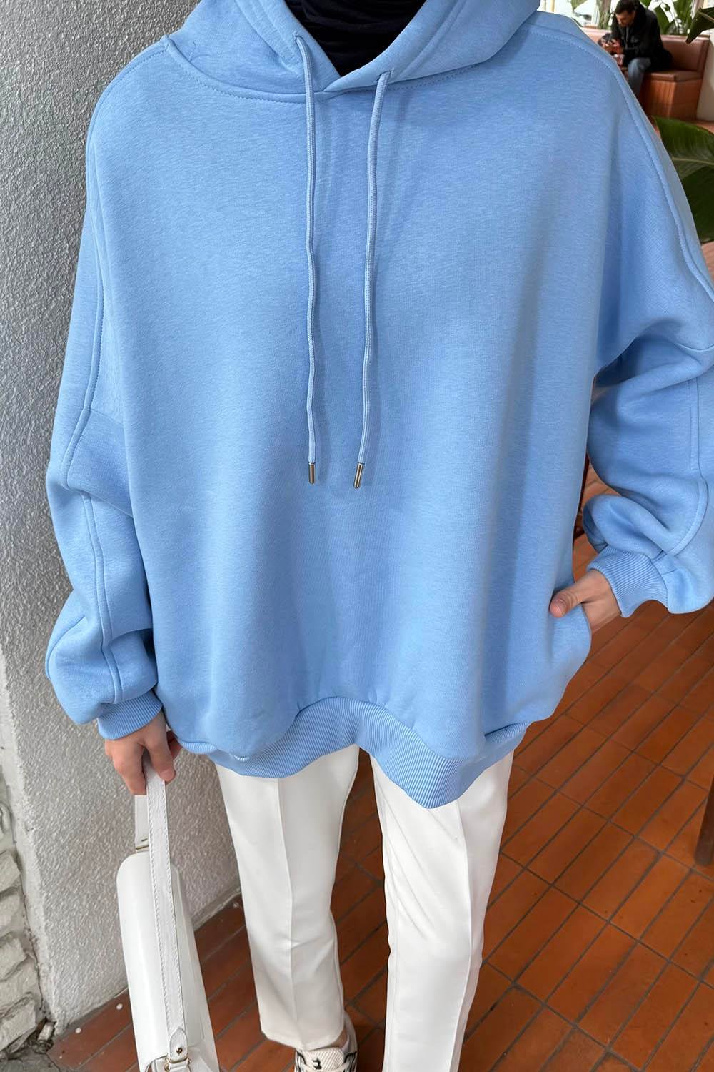 Kapüşonlu Oversize Yan Cepli Sweat Bebe Mavisi