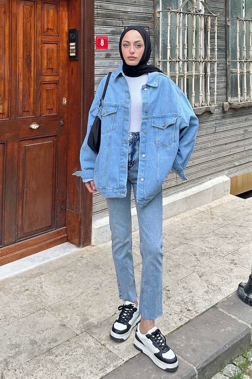 Çift Cepli Oversize Ceket Buz Mavisi
