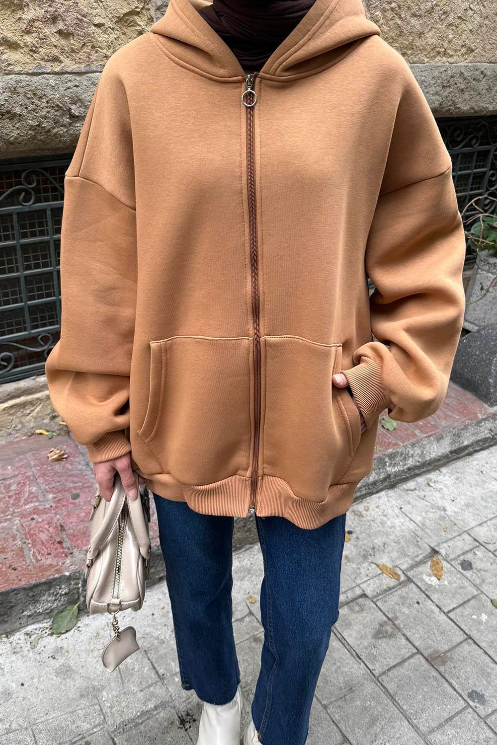 Kapüşonlu Oversize Yan Cepli Sweat Camel