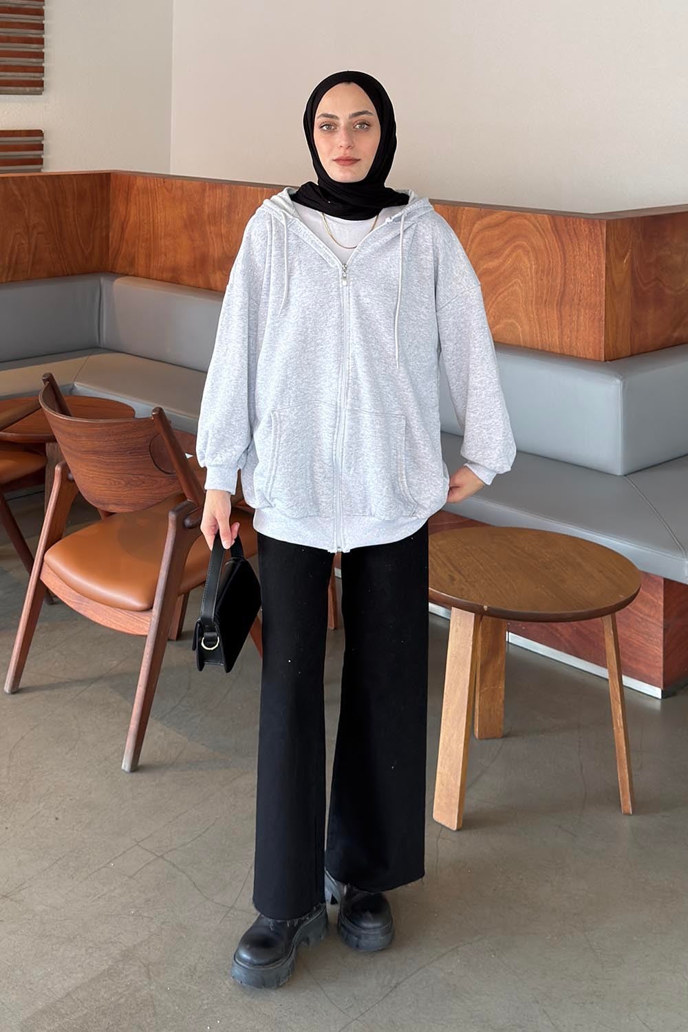 Kapüşonlu Fermuarlı Sweatshirt Hırka Gri