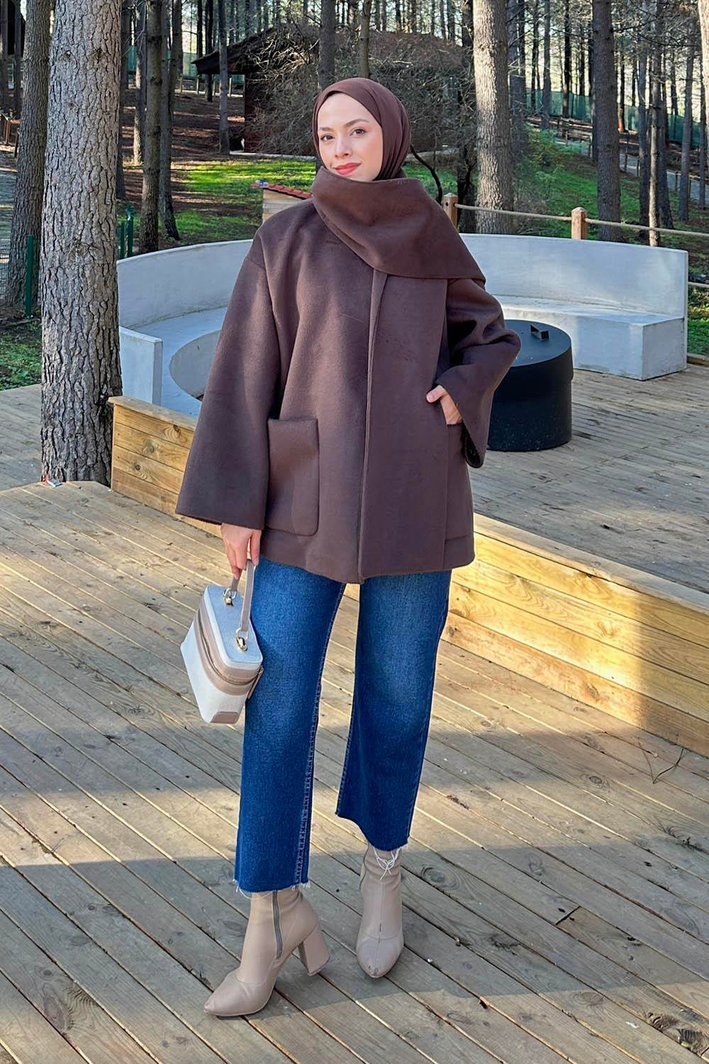 Cepli Kaşe Kaban Acı Kahverengi