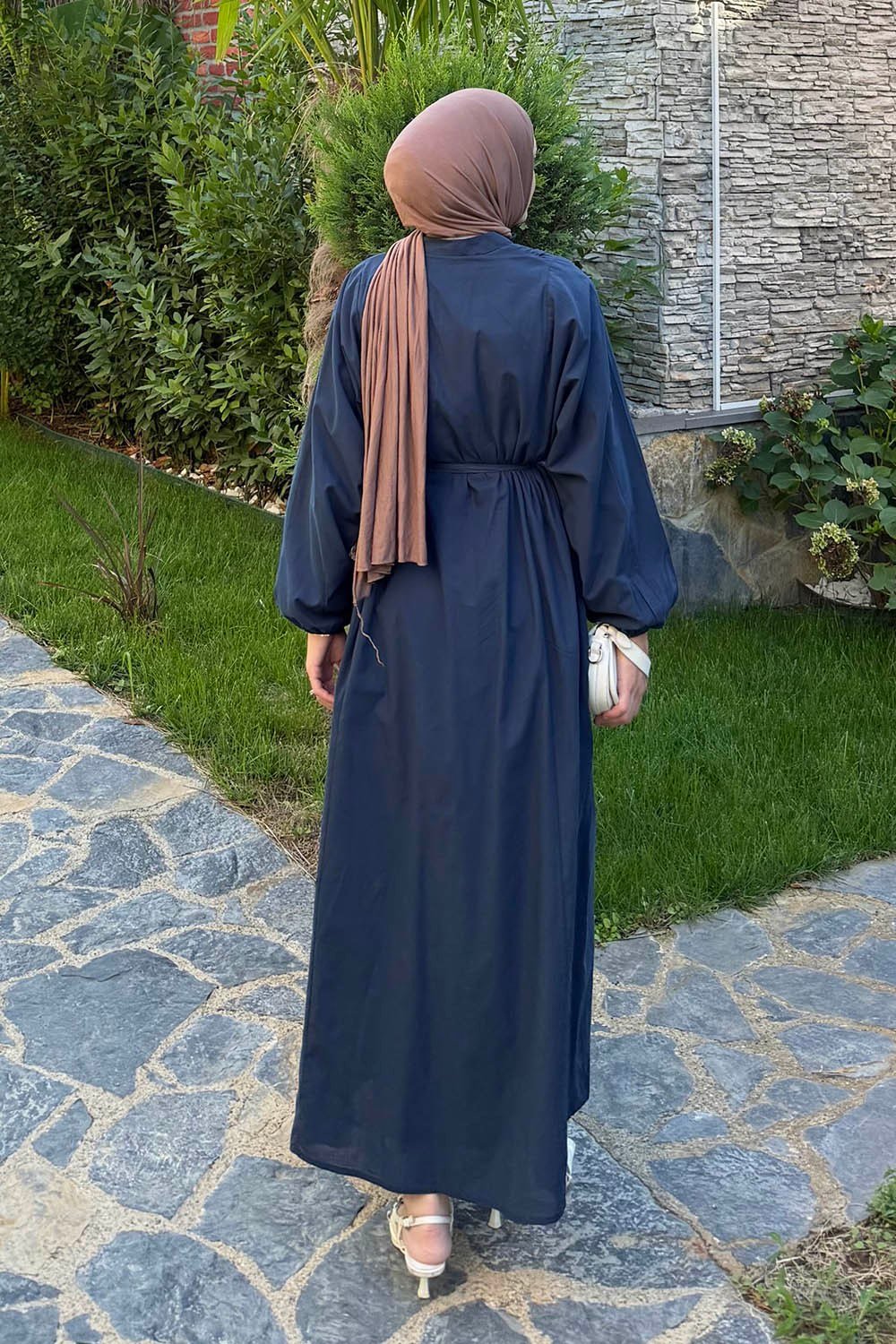 Nervürlü Vual Tesettür Elbise Lacivert