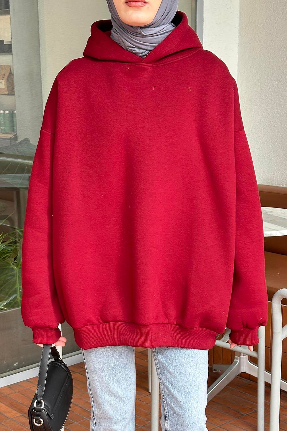 Kapüşonlu Salaş Sweatshirt Bordo