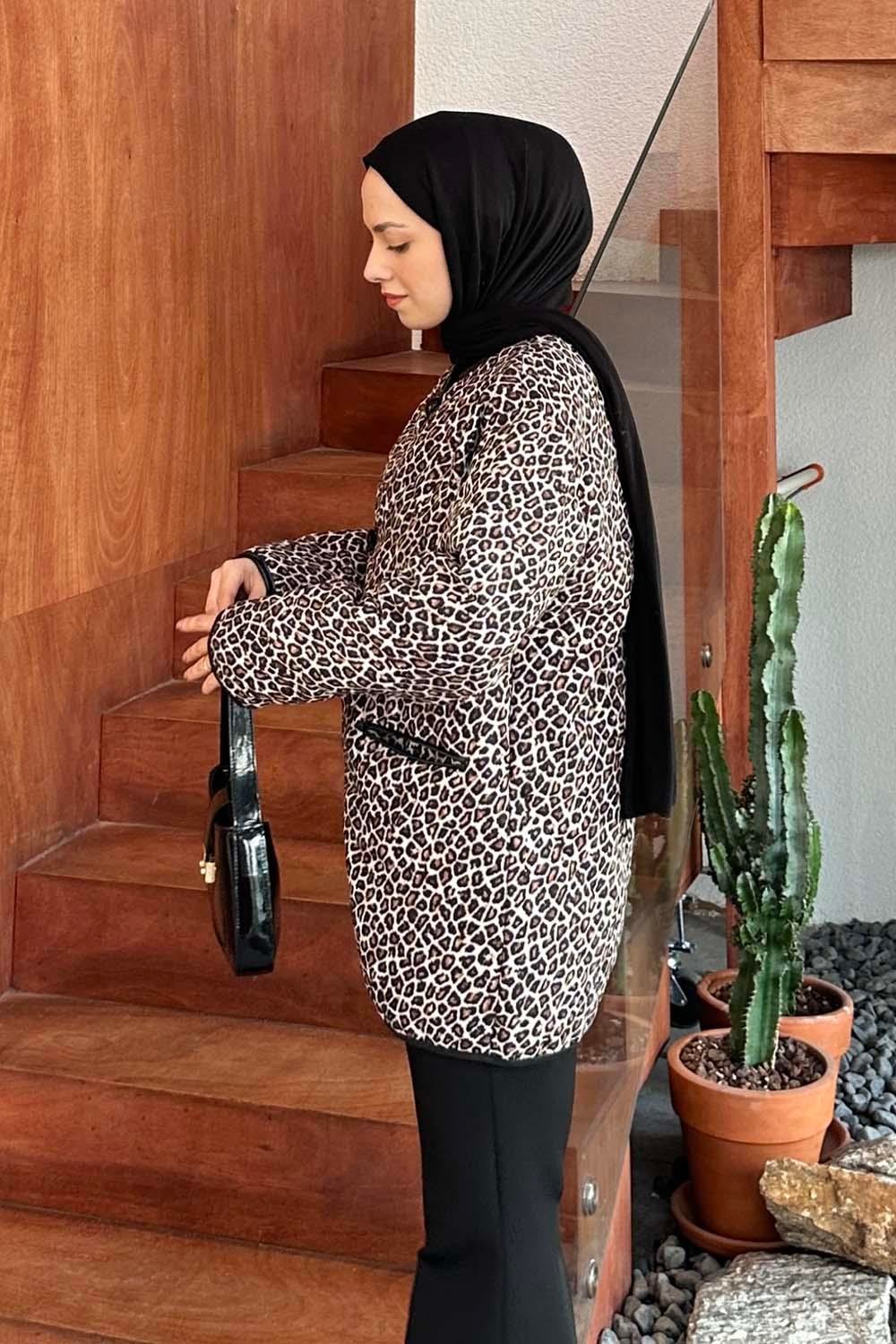 Teddy Düğmeli Çoban Mont Leopar
