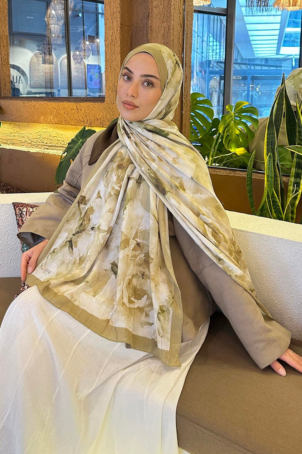 Gül Desen Bambu Şal Mint Yeşili
