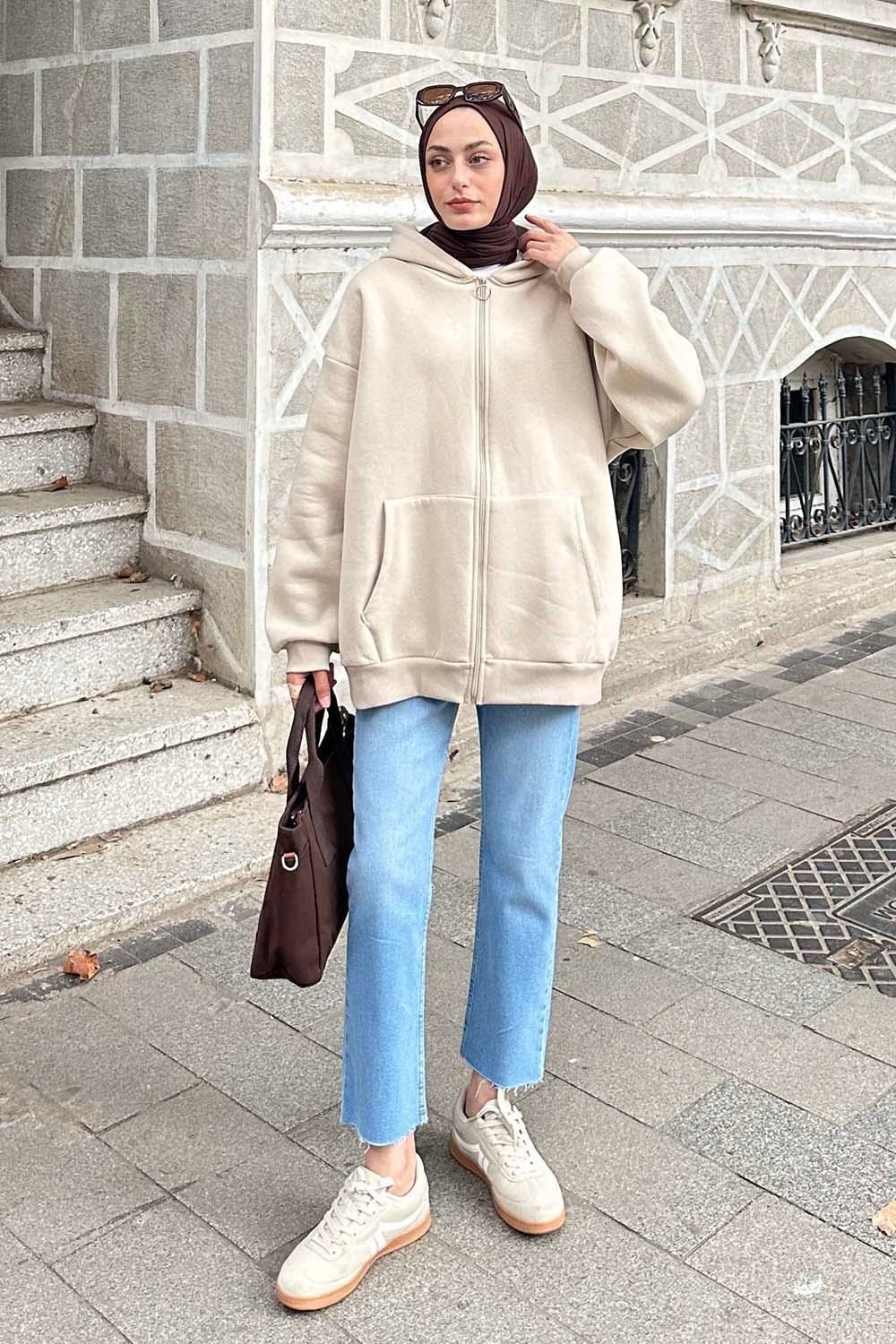 Kapüşonlu Oversize Yan Cepli Sweat Bej