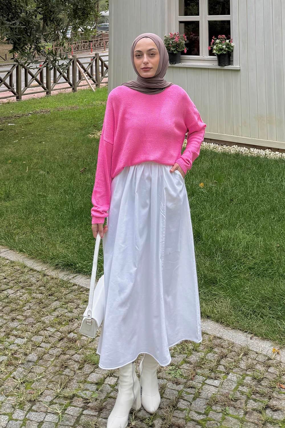 Kayık Yaka Triko Kazak Pembe