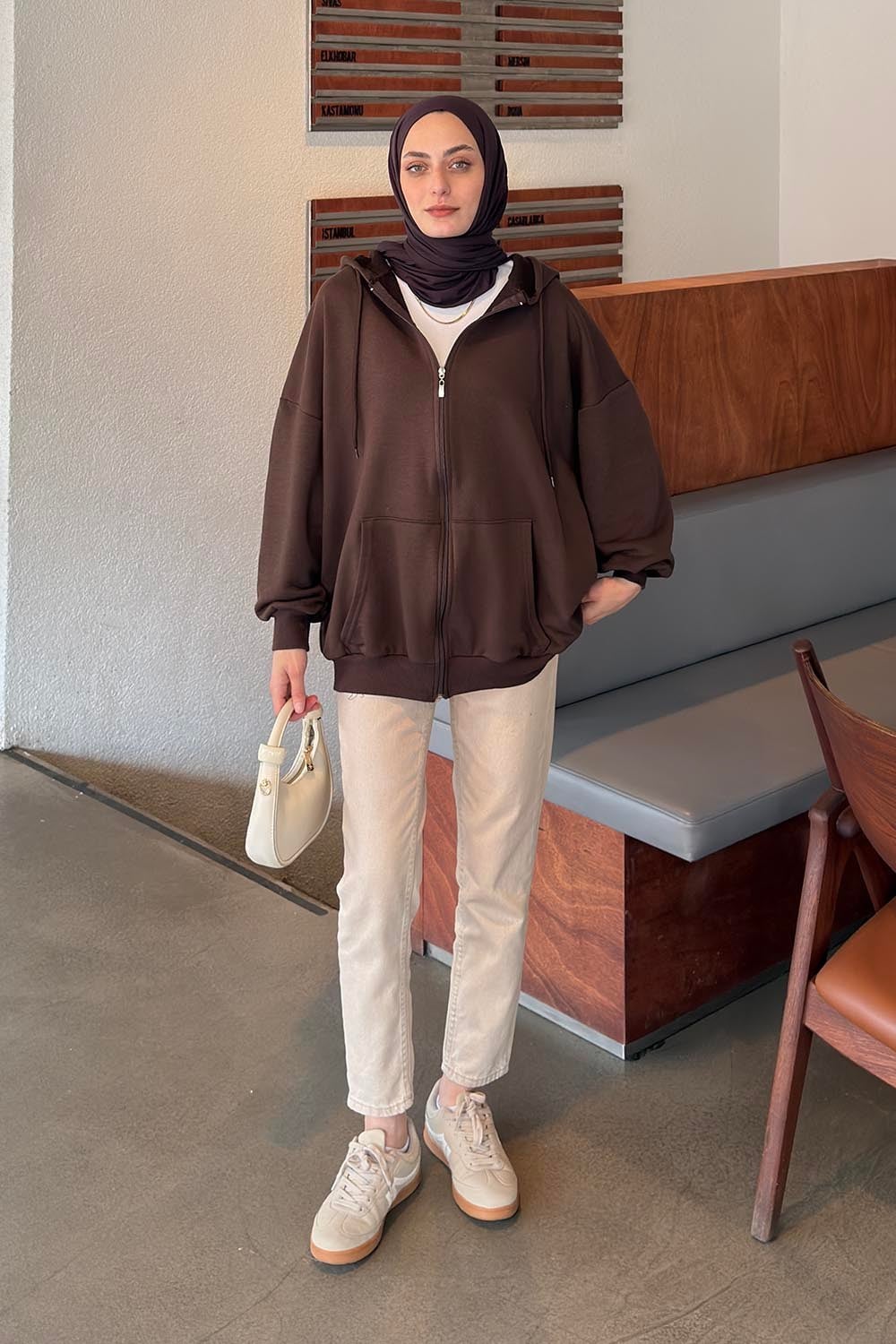 Kapüşonlu Fermuarlı Sweatshirt Hırka Kahverengi