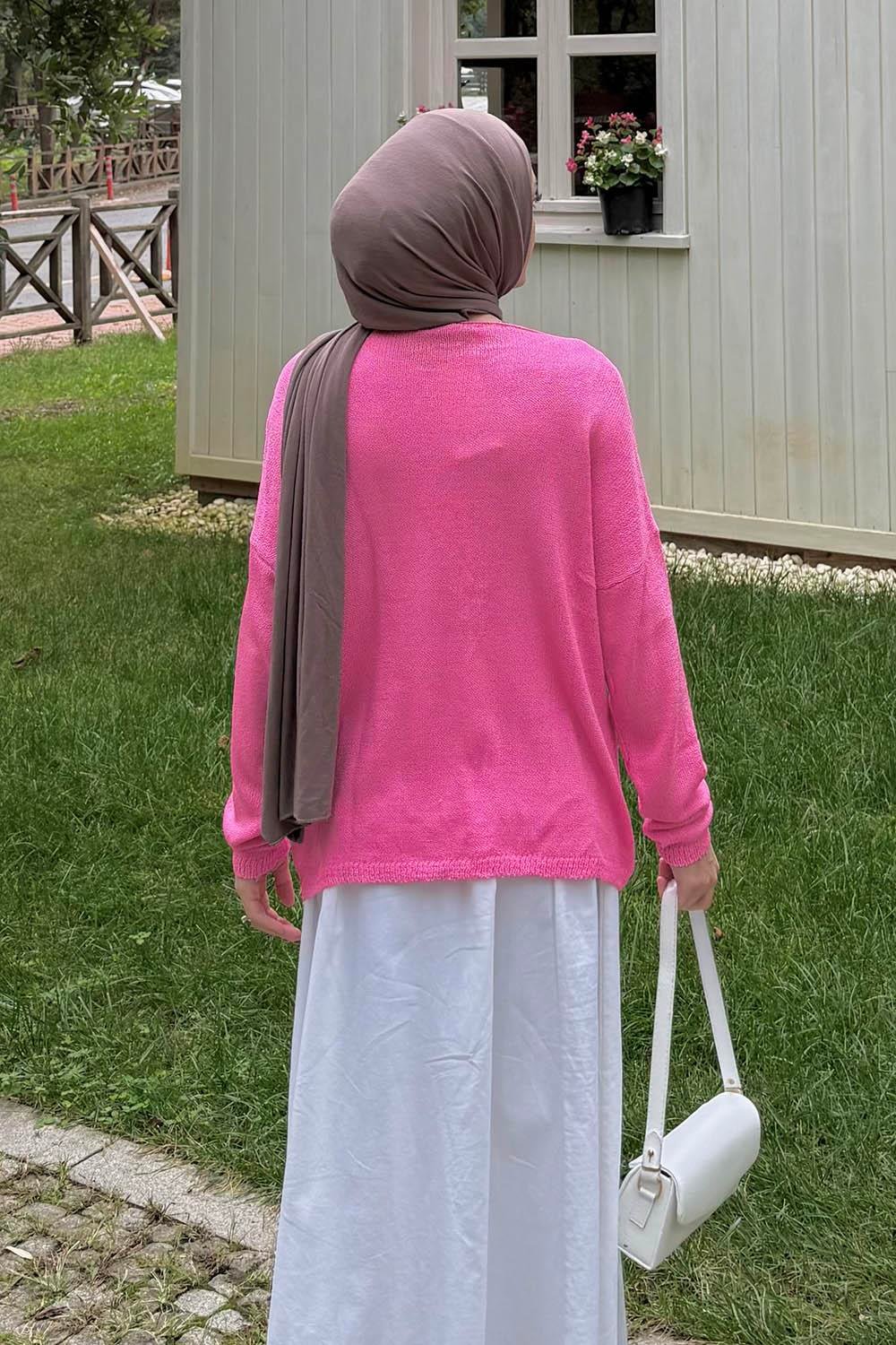 Kayık Yaka Triko Kazak Pembe