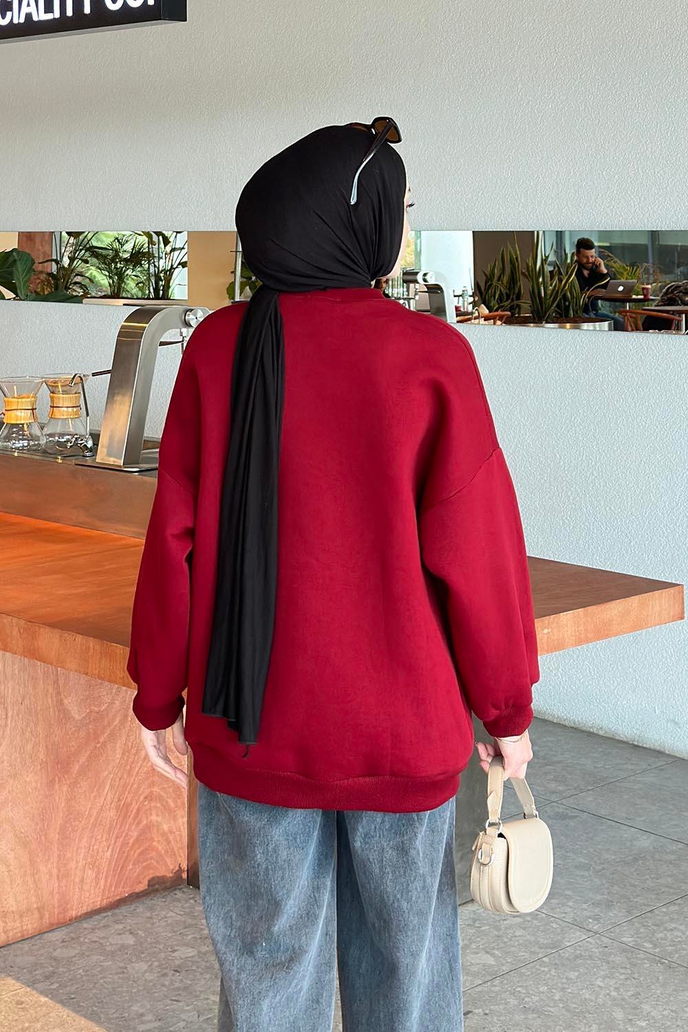 Jasmin Bisiklet Yaka Oversize Sweat Bordo