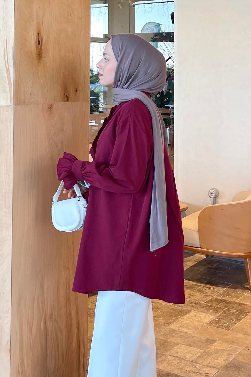 Flores Fırfırlı Tunik Bordo