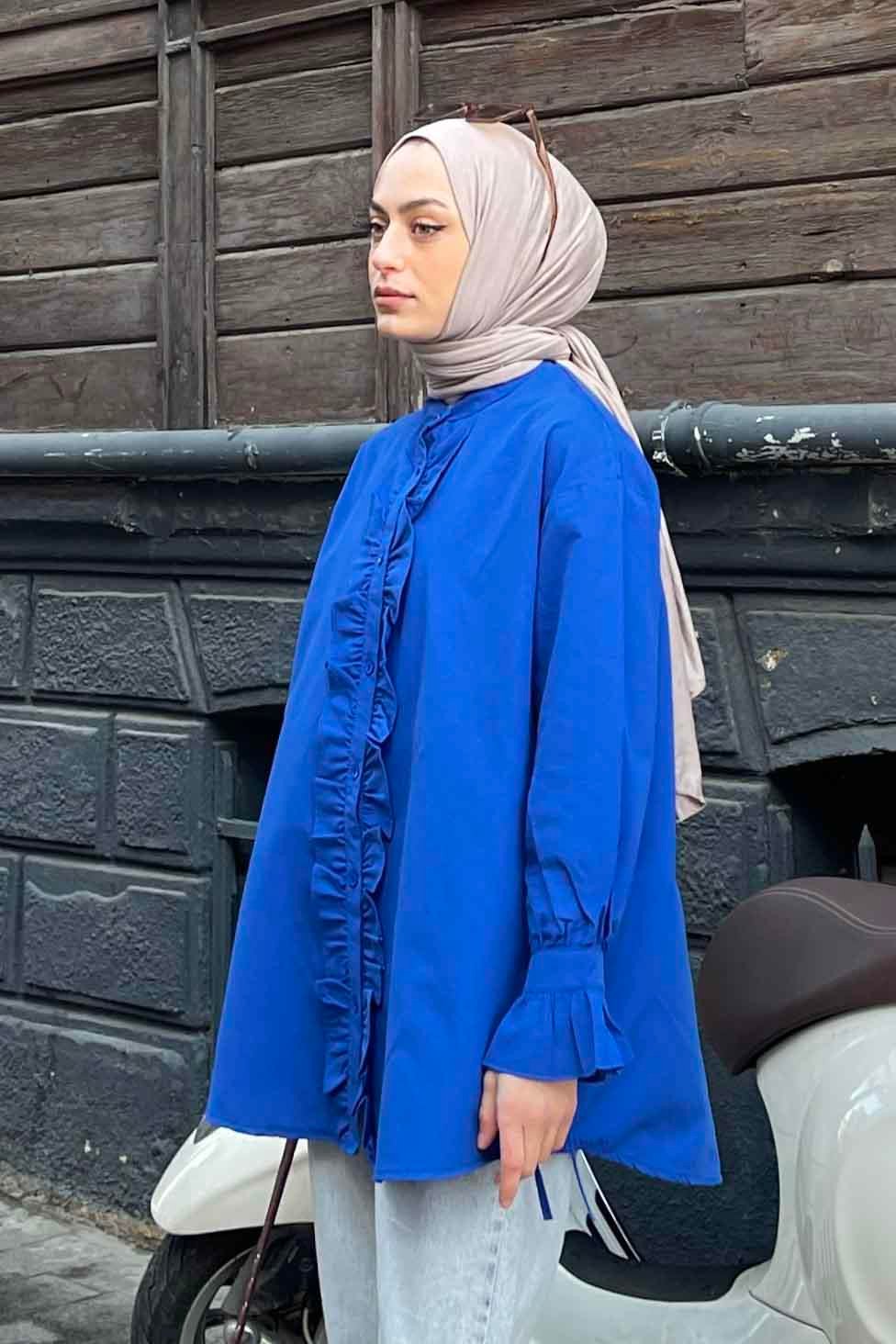 Flores Fırfırlı Tunik Saks Mavisi