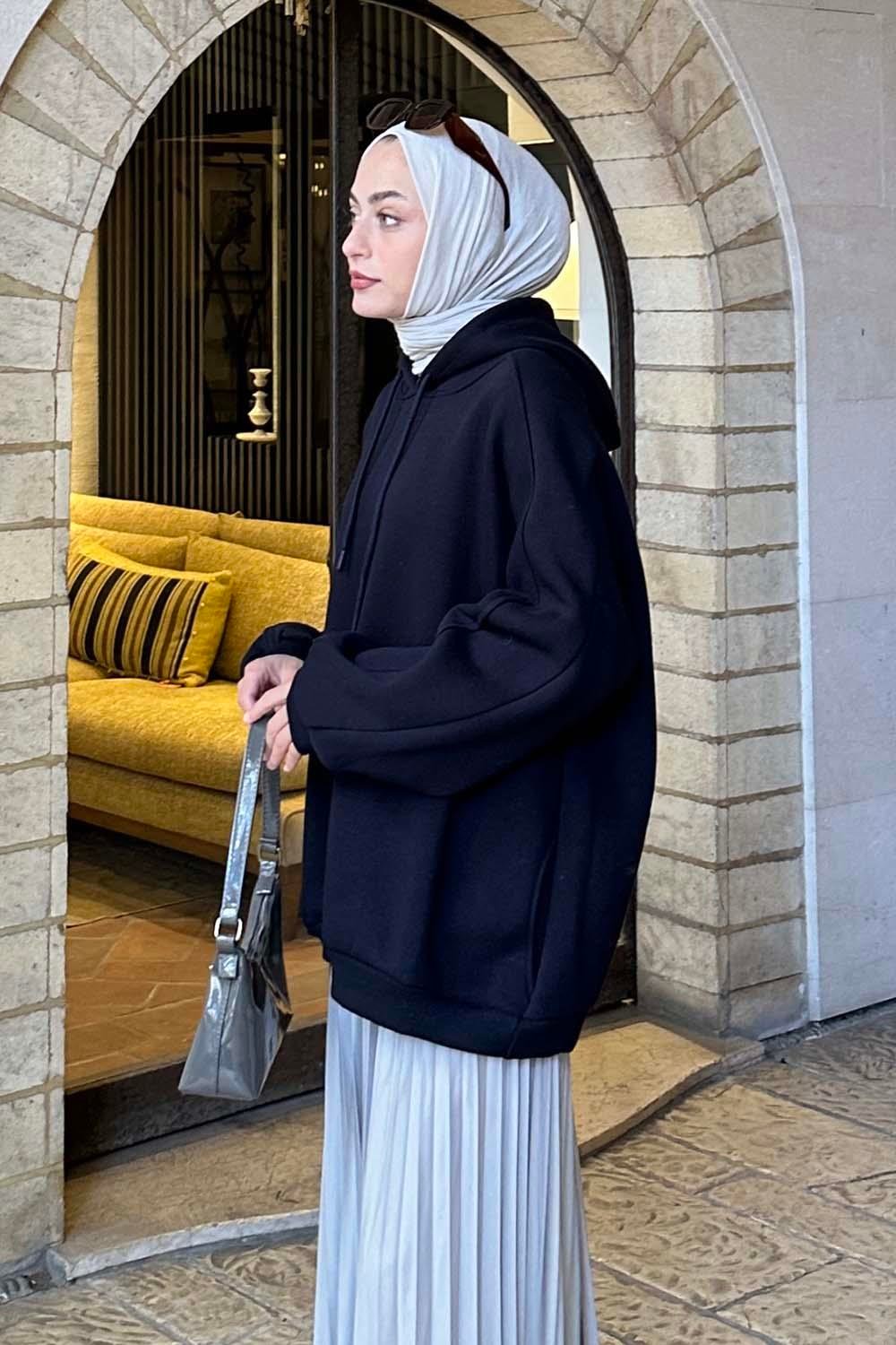 Kapüşonlu Oversize Yan Cepli Sweat Lacivert