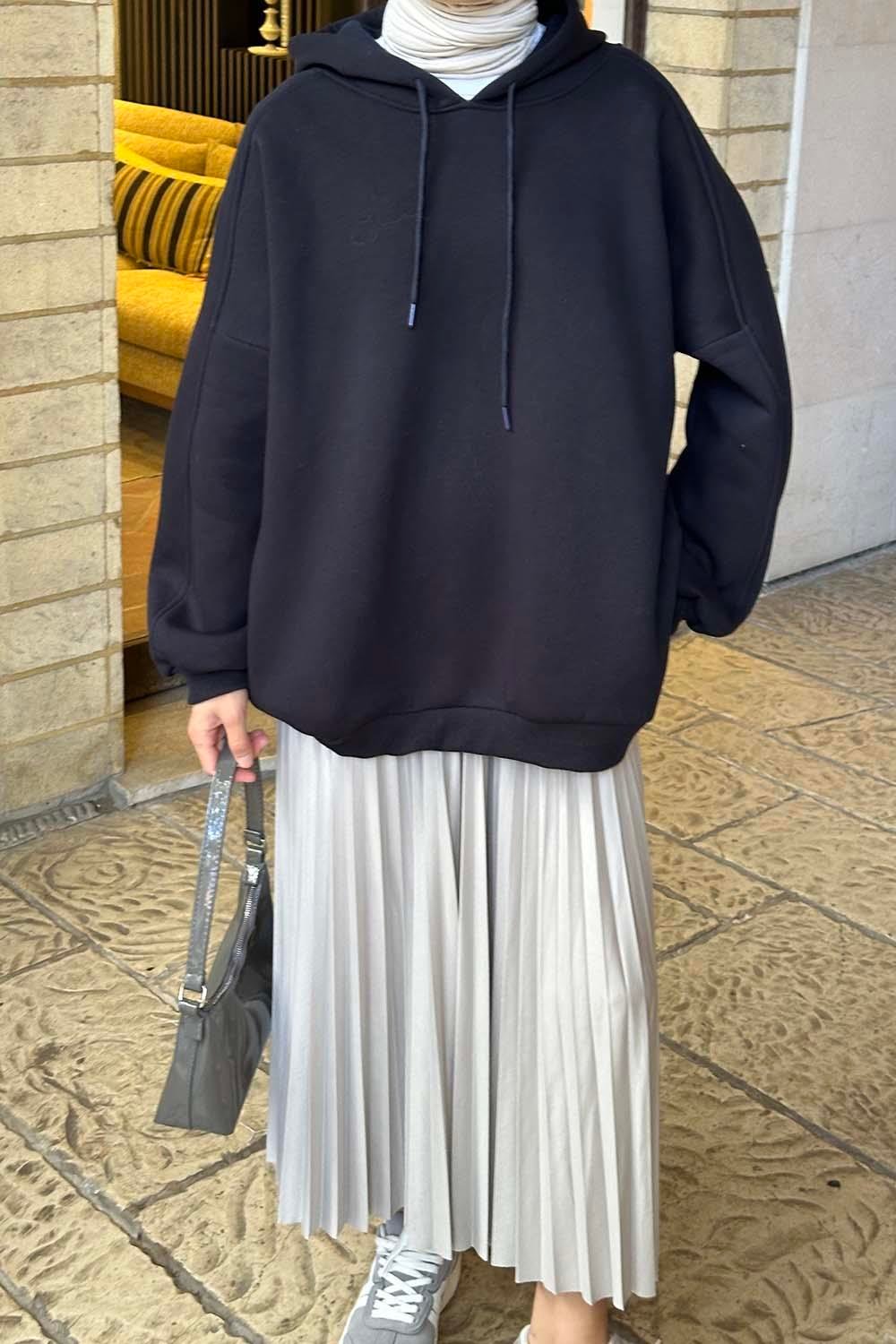 Kapüşonlu Oversize Yan Cepli Sweat Lacivert